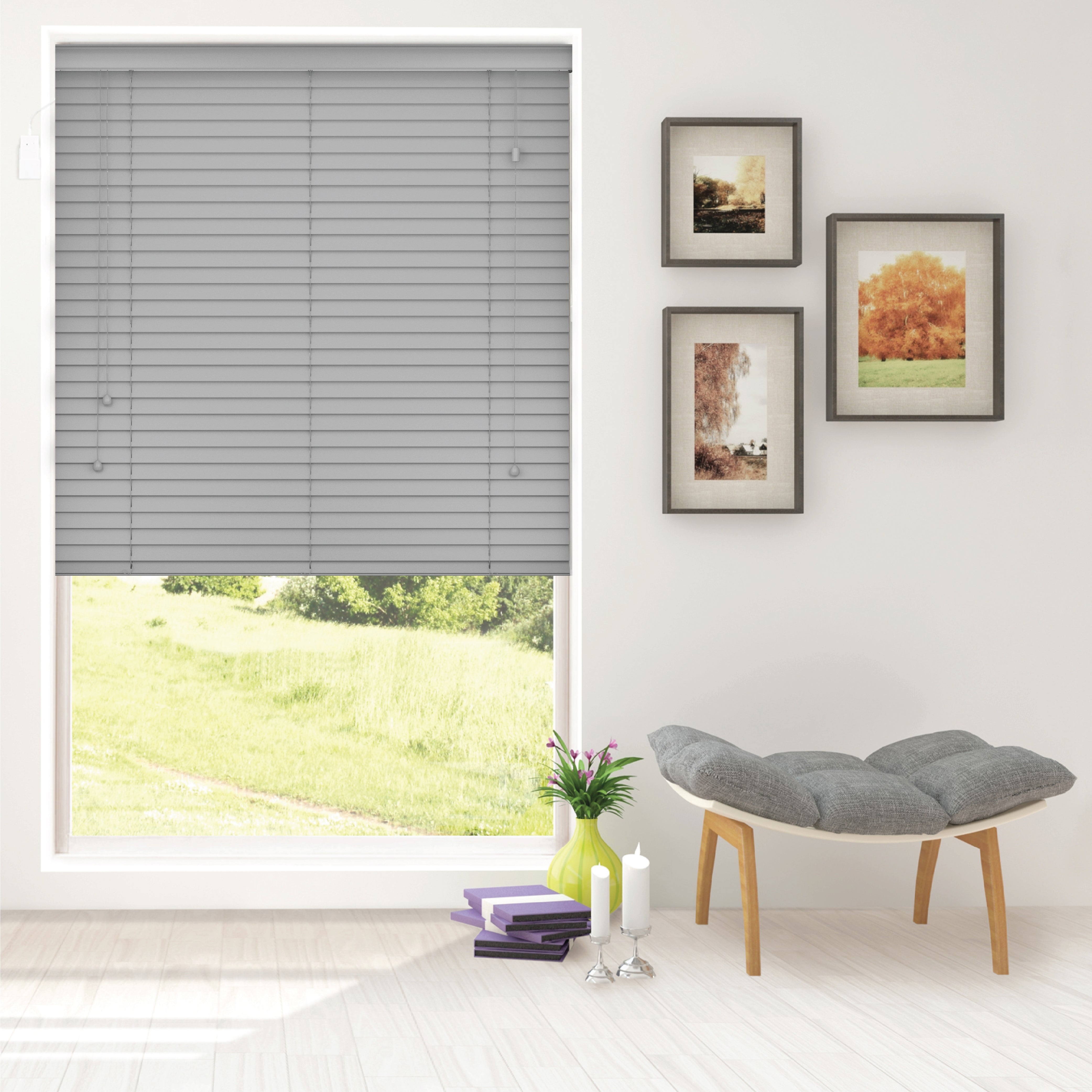 Funky Gadgets Smooth Grey Faux Wood Wooden Venetian Blinds with Strings 50mm Slats TRIMMABLE