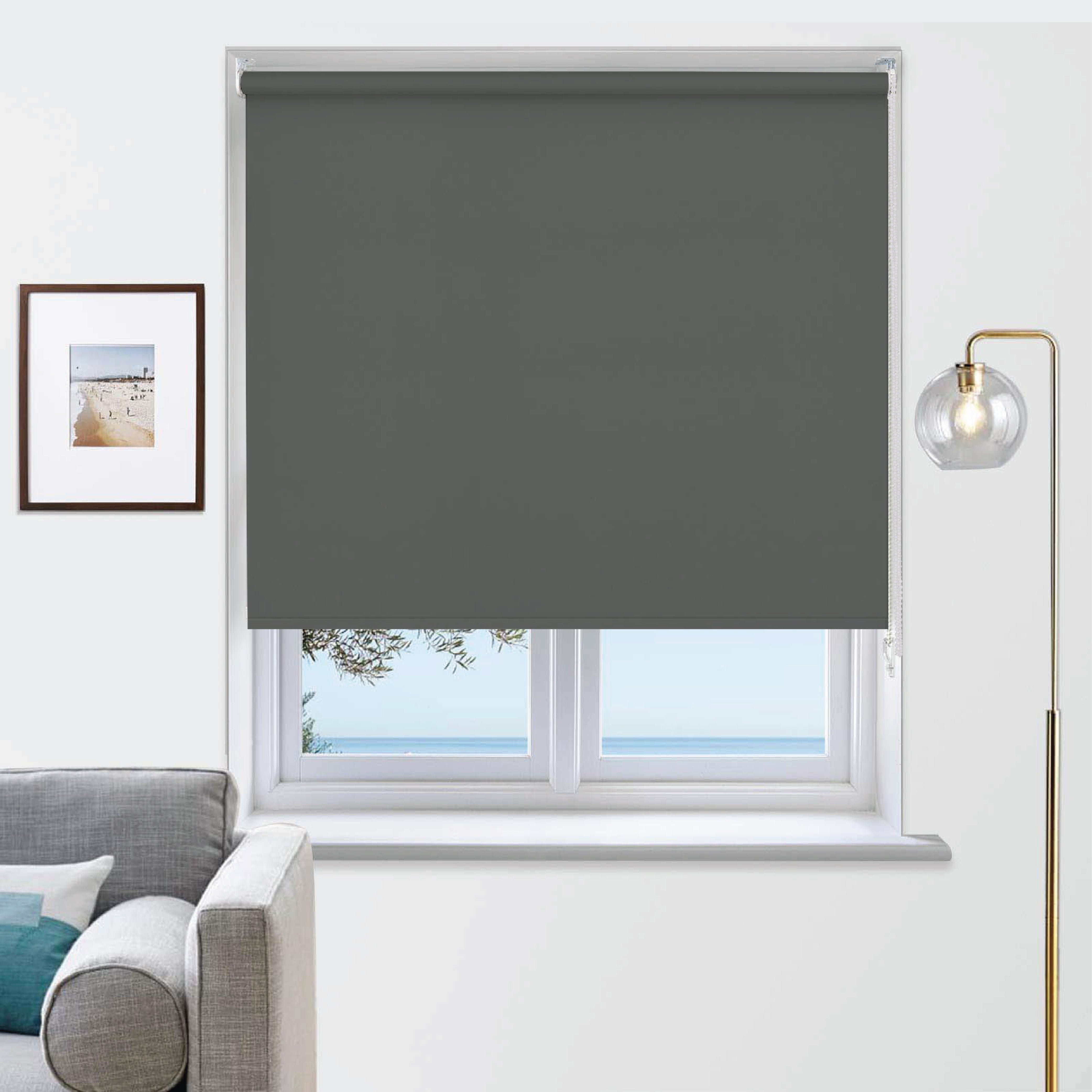 Funky Gadgets Blackout Roller Blinds Window Shades Easy Fit Thermal Roller Blind 3 Pass Black Out Fabric for Room Darkening Trimmable Child Safe Metal Tube Charcoal Grey