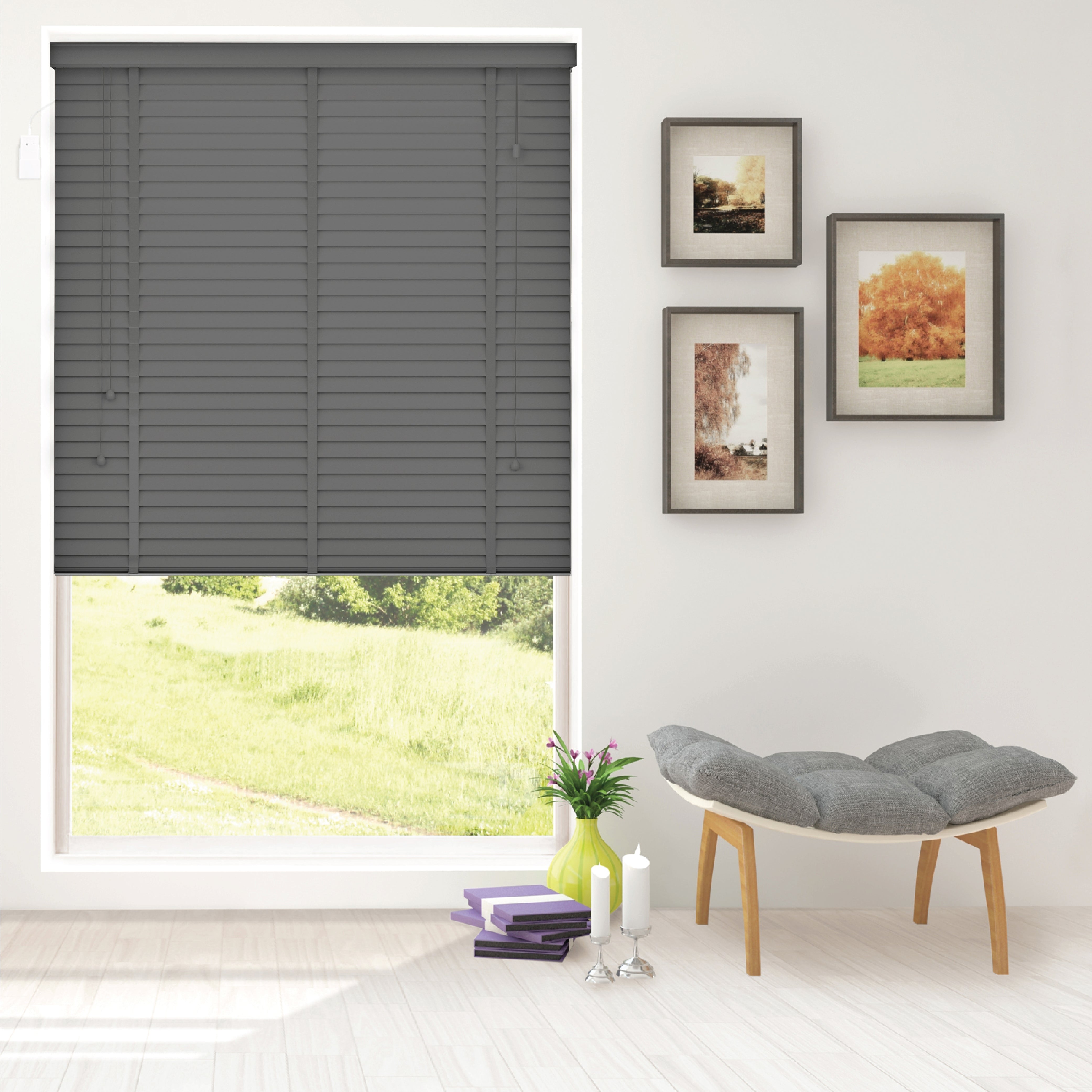 Funky gadgets Charcoal Faux wood Window Venetian Blinds 50mm Horizontal Slats Wooden Blinds for Kitchen Trimmable, Child Safe Tape Design Blind Embossed Pattern