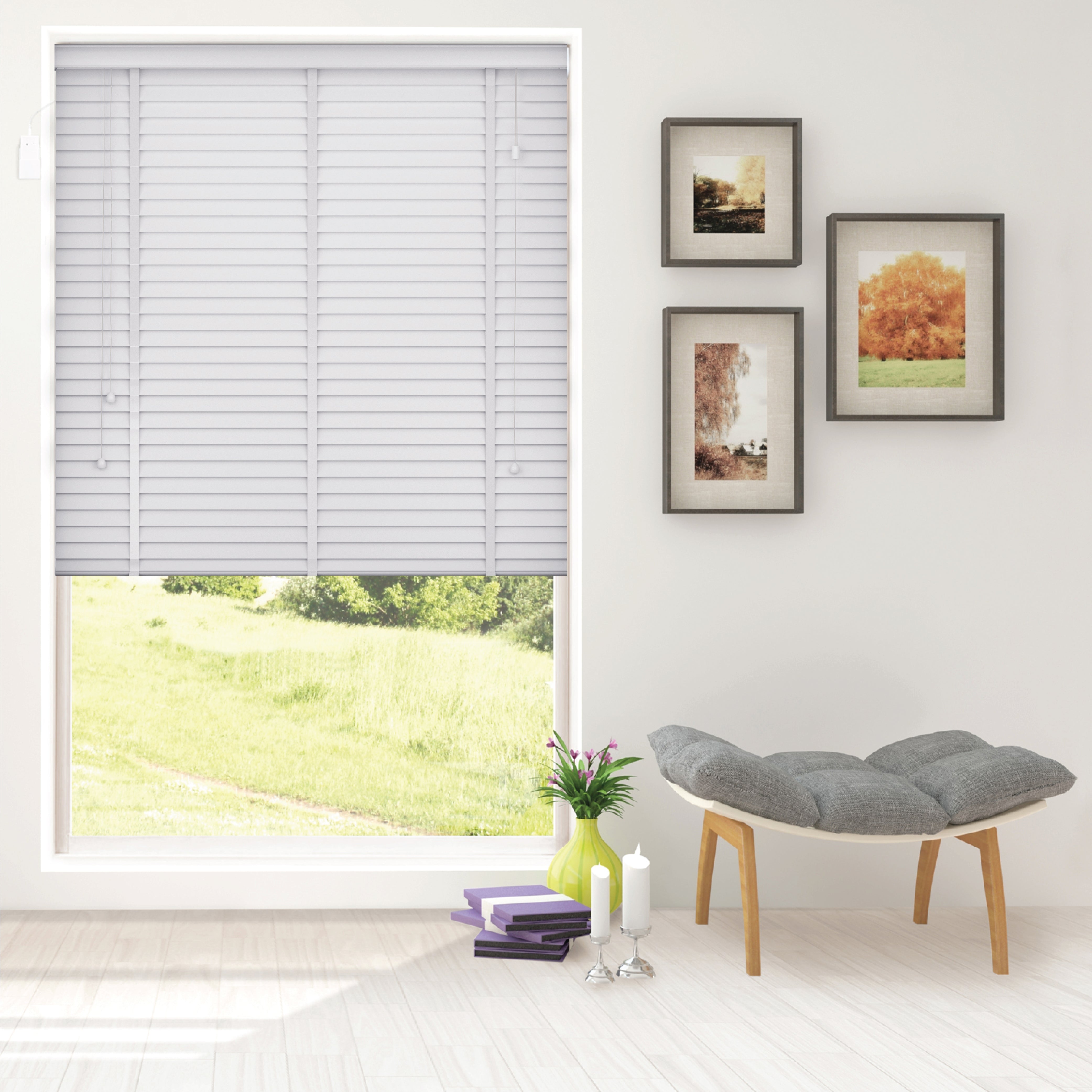 Funky gadgets White Faux wood Window Venetian Blinds 50mm Horizontal Slats Wooden Blinds for Kitchen Trimmable, Child Safe Tape Design Blind Embossed Pattern