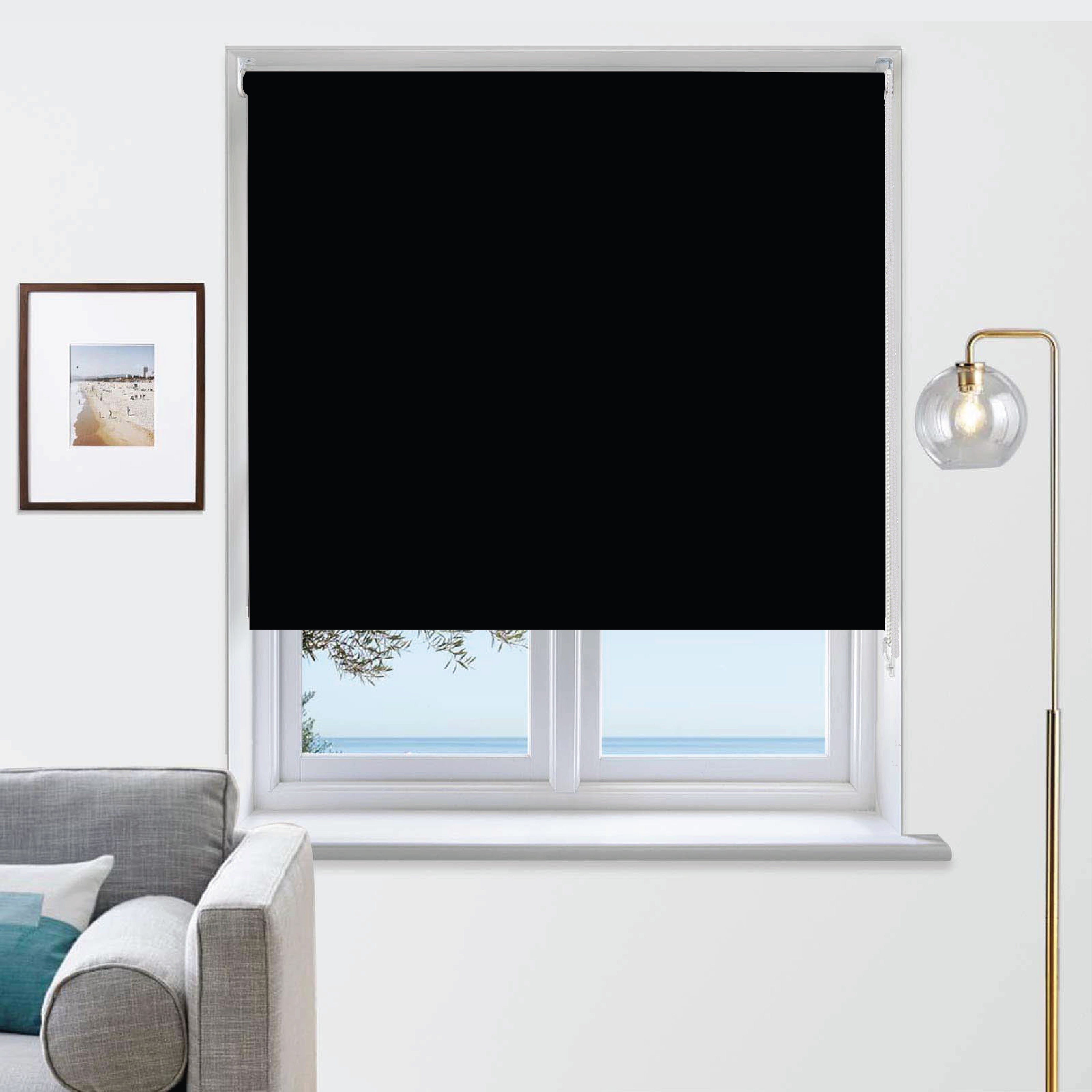 Funky Gadgets Roller Blinds Thermal Blackout Roller Blind, Easy Fit Child Safe Trimmable UV Protection Home Office Window Blinds, Black Blinds