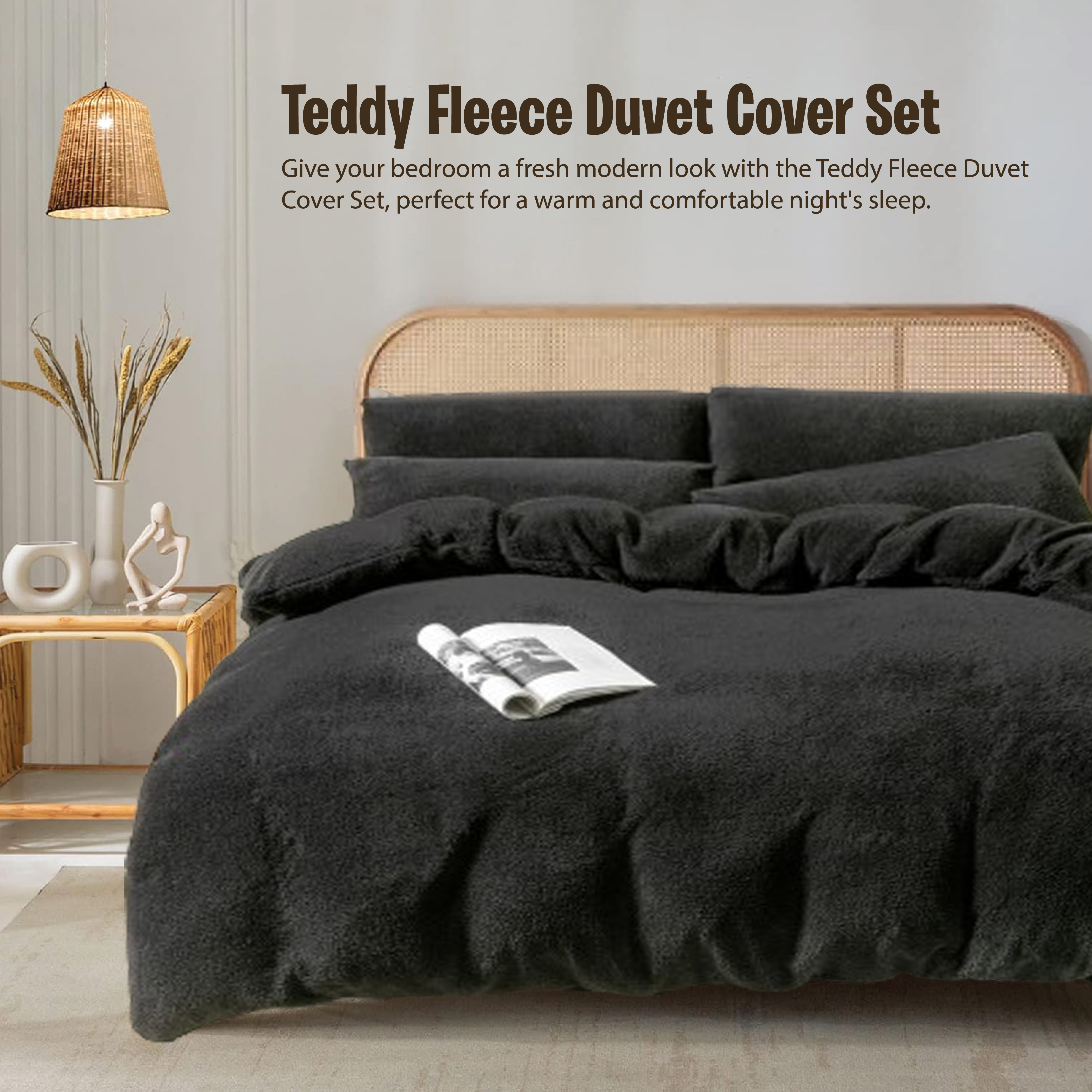 Funky Gadgets Teddy Fleece Duvet Cover Set | Warm Luxury Super Soft Thermal quilt cover with pillowcase | 100% Polyester Teddy Bear Bedding Black