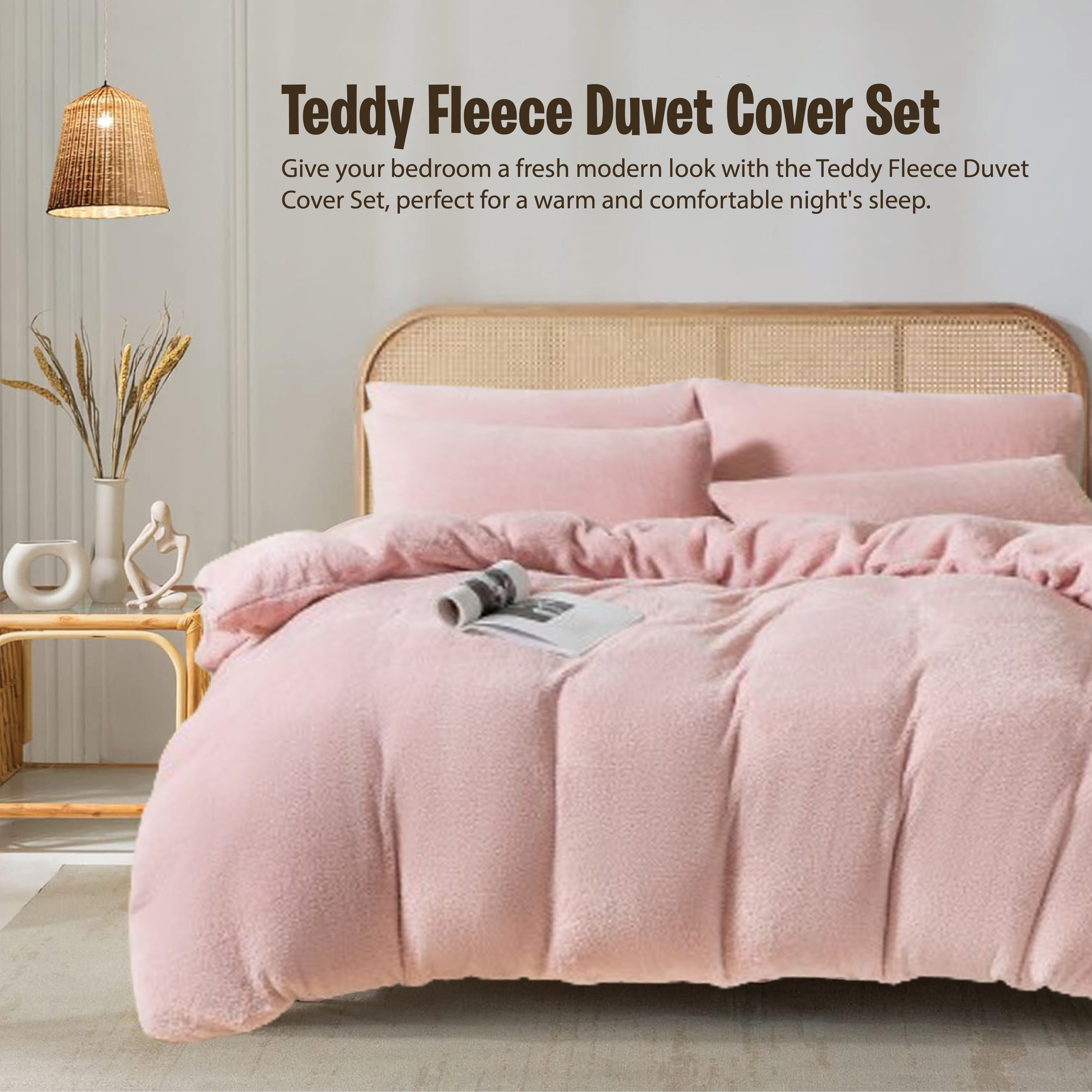 Funky Gadgets Teddy Fleece Duvet Cover Set | Warm Luxury Super Soft Thermal quilt cover with pillowcase | 100% Polyester Teddy Bear Bedding Blush Pink