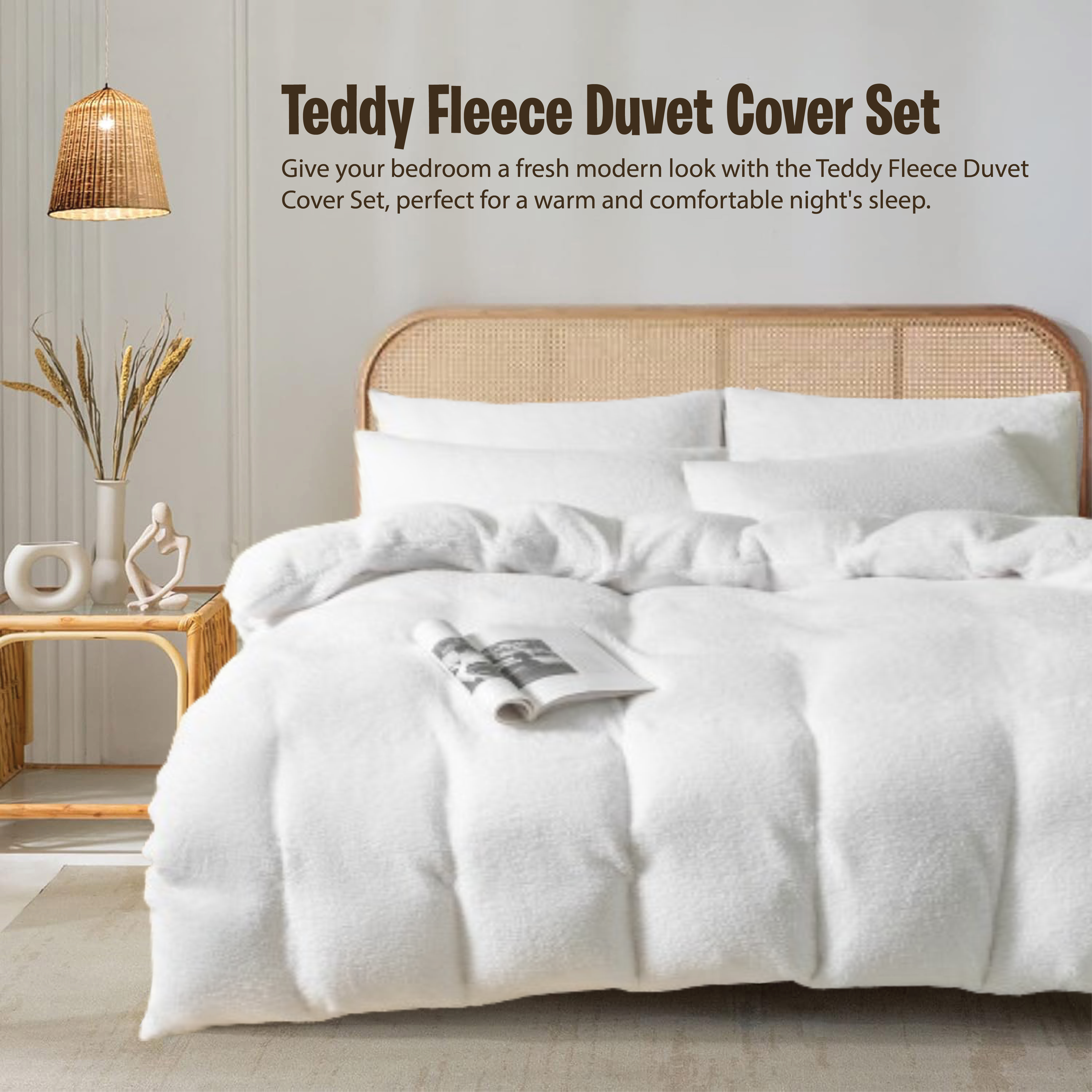 Funky Gadgets Teddy Fleece Duvet Cover Set | Warm Luxury Super Soft Thermal quilt cover with pillowcase | 100% Polyester Teddy Bear Bedding white