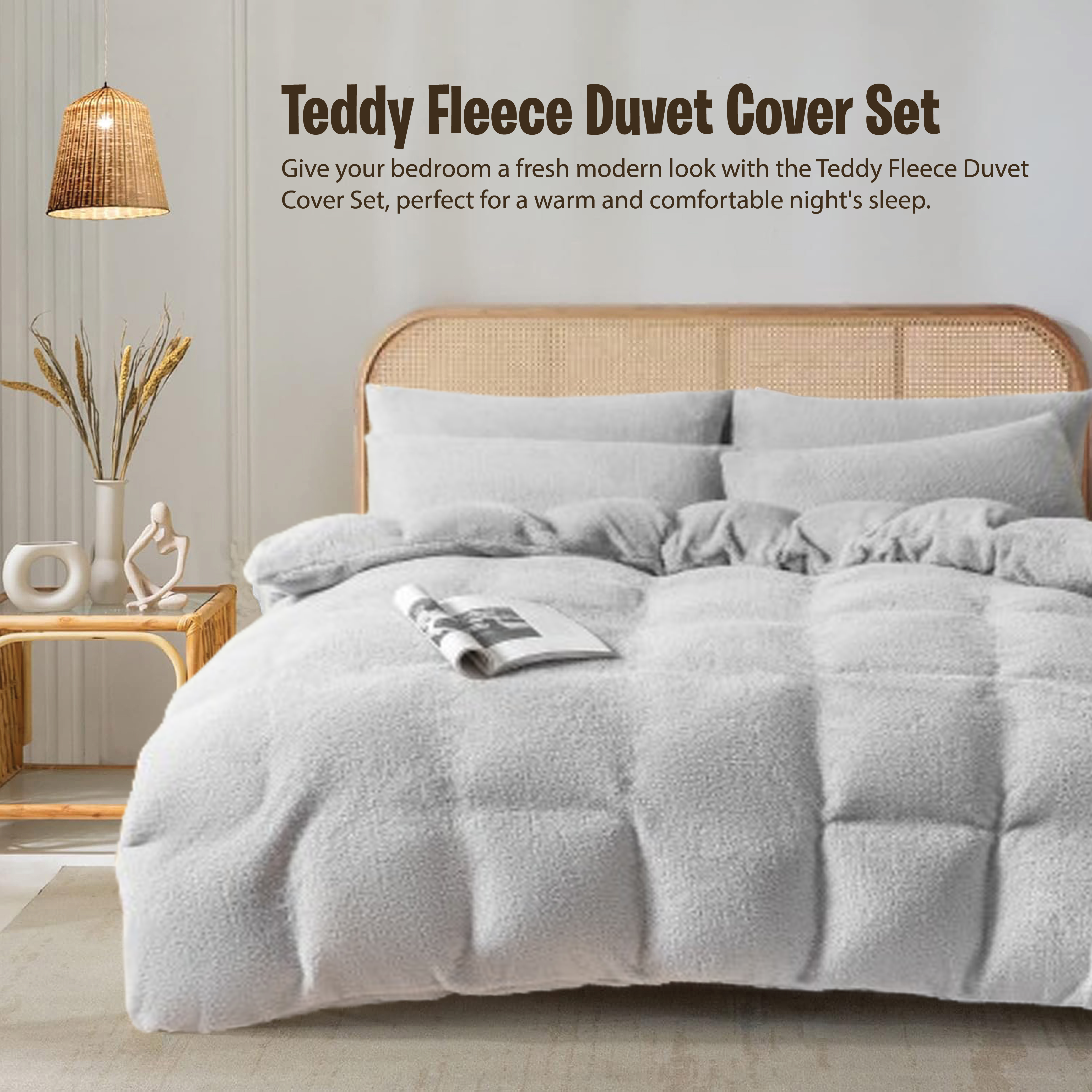 Funky Gadgets Teddy Fleece Duvet Cover Set | Warm Luxury Super Soft Thermal quilt cover with pillowcase | 100% Polyester Teddy Bear Bedding Grey