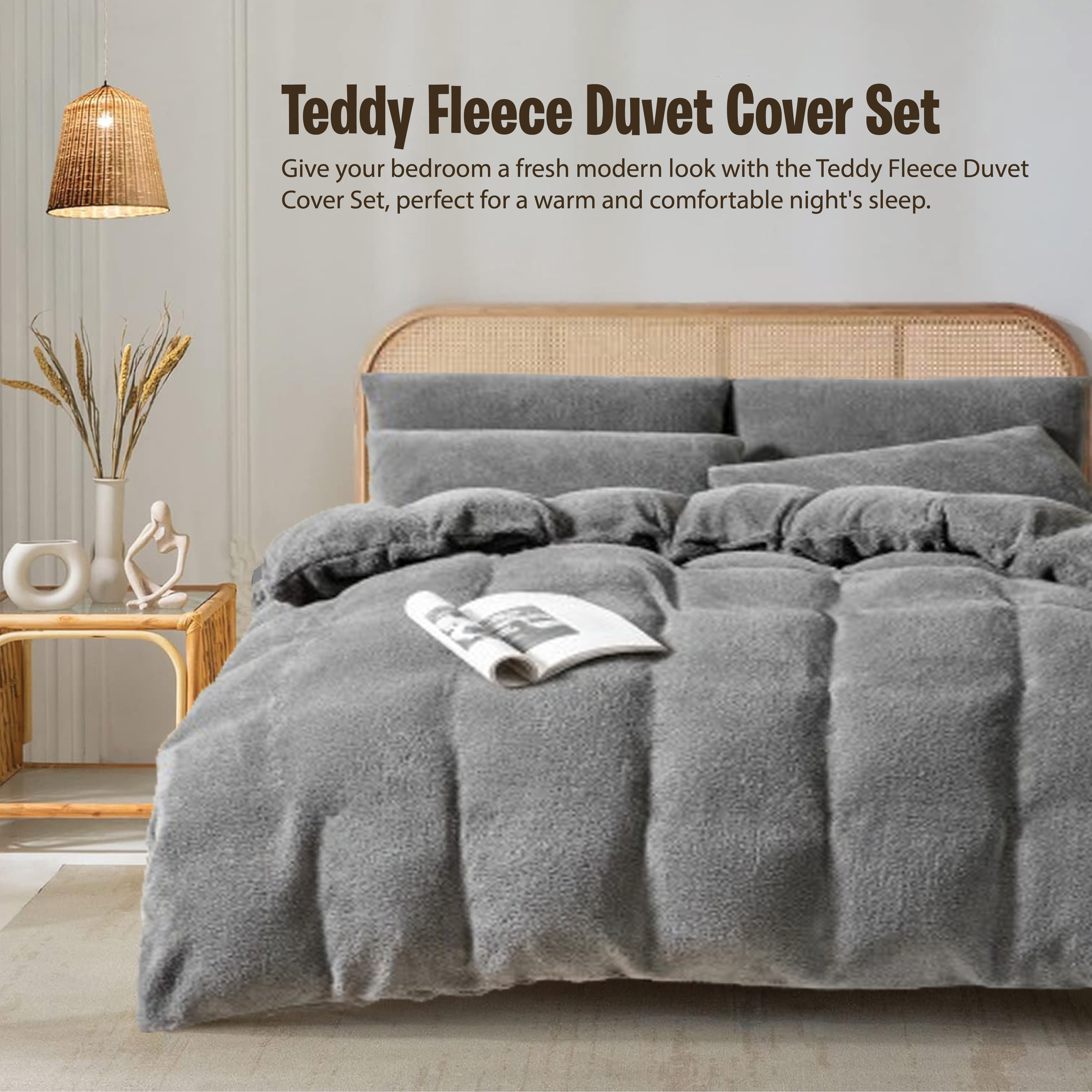 Funky Gadgets Teddy Fleece Duvet Cover Set | Warm Luxury Super Soft Thermal quilt cover with pillowcase | 100% Polyester Teddy Bear Bedding Charcoal