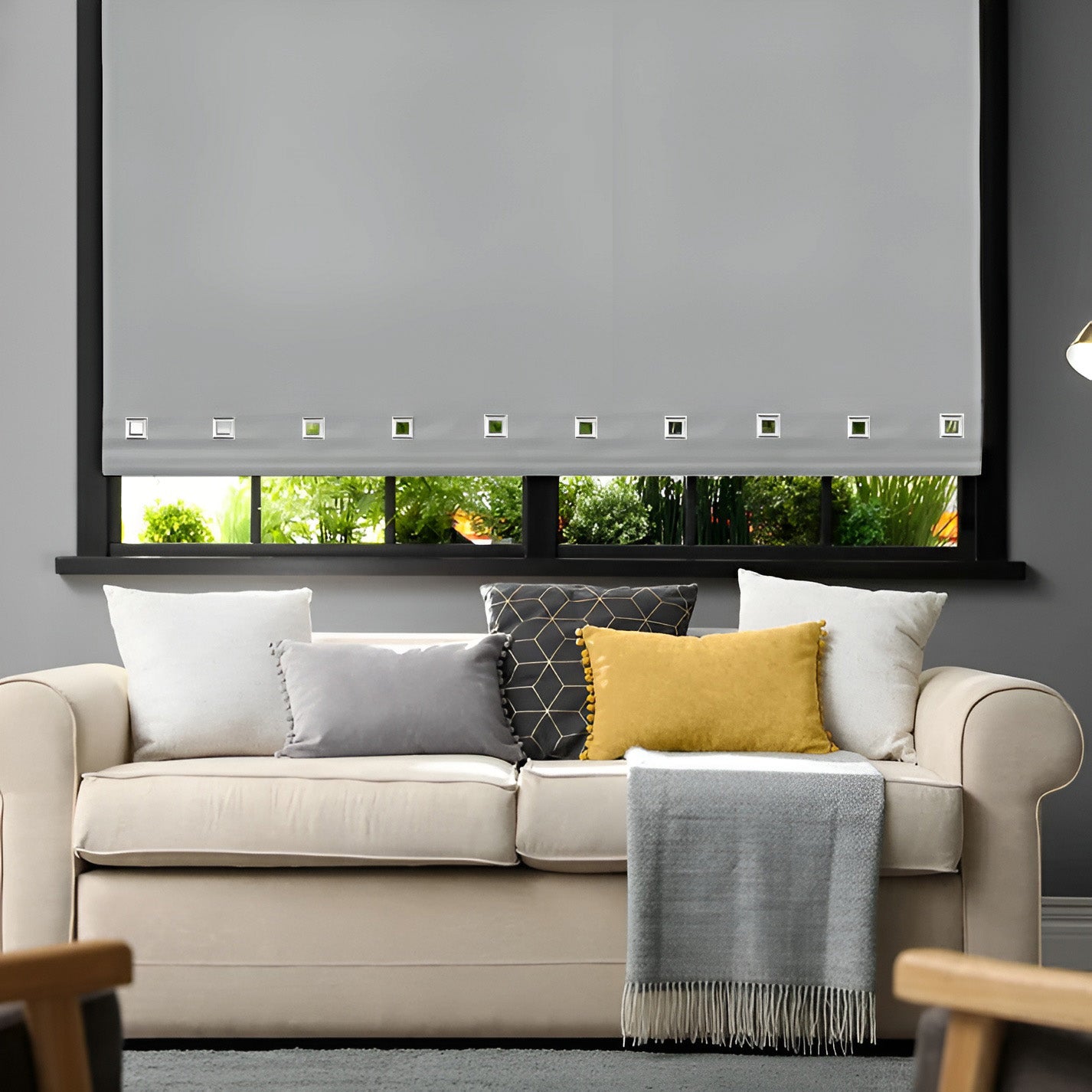 Funky Gadgets Light Grey Square Eyelet Light Filtering Roller Blinds - window blinds shades Easy Fit Child Safe Polyester Fabric Daylight Trimmable Roller Blind