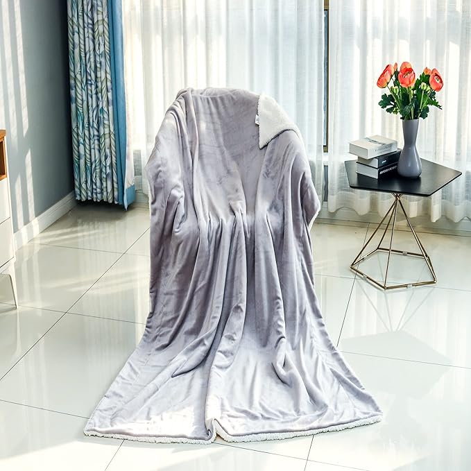 Funky gadgets Sherpa Fleece Silver grey Blanket Bed Throws Blankets For Sofas Fluffy Soft Thick Warm Blanket- Blanket Throws for Travel