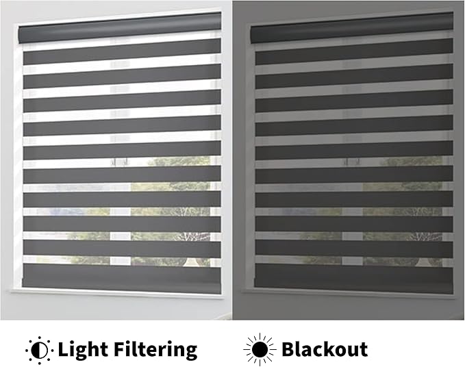 Funky Gadgets Grey Day Night Blinds Double Layer Sheer Fabric blinds Windows Curtains For Bedroom Easy Fit Drilling & No Drilling Opaque Shades Zebra Roller Blinds