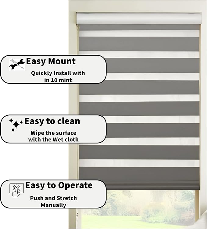 Funky Gadgets Grey Day Night Blinds Double Layer Sheer Fabric blinds Windows Curtains For Bedroom Easy Fit Drilling & No Drilling Opaque Shades Zebra Roller Blinds