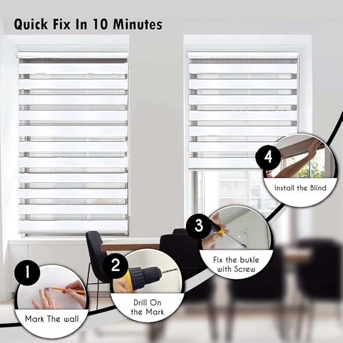 Funky Gadgets White Day Night Blinds Double Layer Sheer Fabric blinds Windows Curtains For Bedroom Easy Fit Drilling & No Drilling Opaque Shades Zebra Roller Blinds