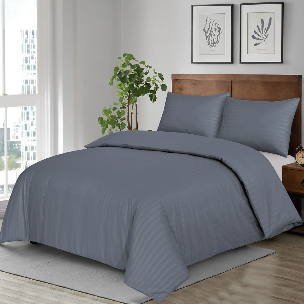 Microfiber Satin Stripe Duvet Cover Set Luxury Hotel Bedding Sets with Pillowcases Breathable Ultra Soft Reversible -Charcoal