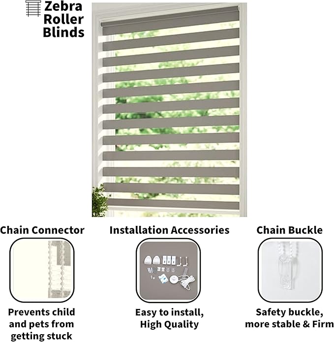 Funky Gadgets Grey Day Night Blinds Double Layer Sheer Fabric blinds Windows Curtains For Bedroom Easy Fit Drilling & No Drilling Opaque Shades Zebra Roller Blinds