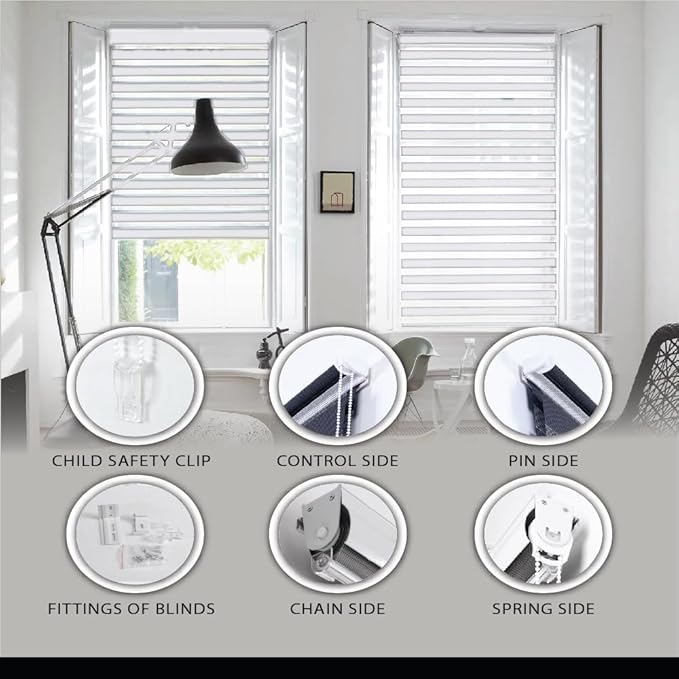 Funky Gadgets White Day Night Blinds Double Layer Sheer Fabric blinds Windows Curtains For Bedroom Easy Fit Drilling & No Drilling Opaque Shades Zebra Roller Blinds