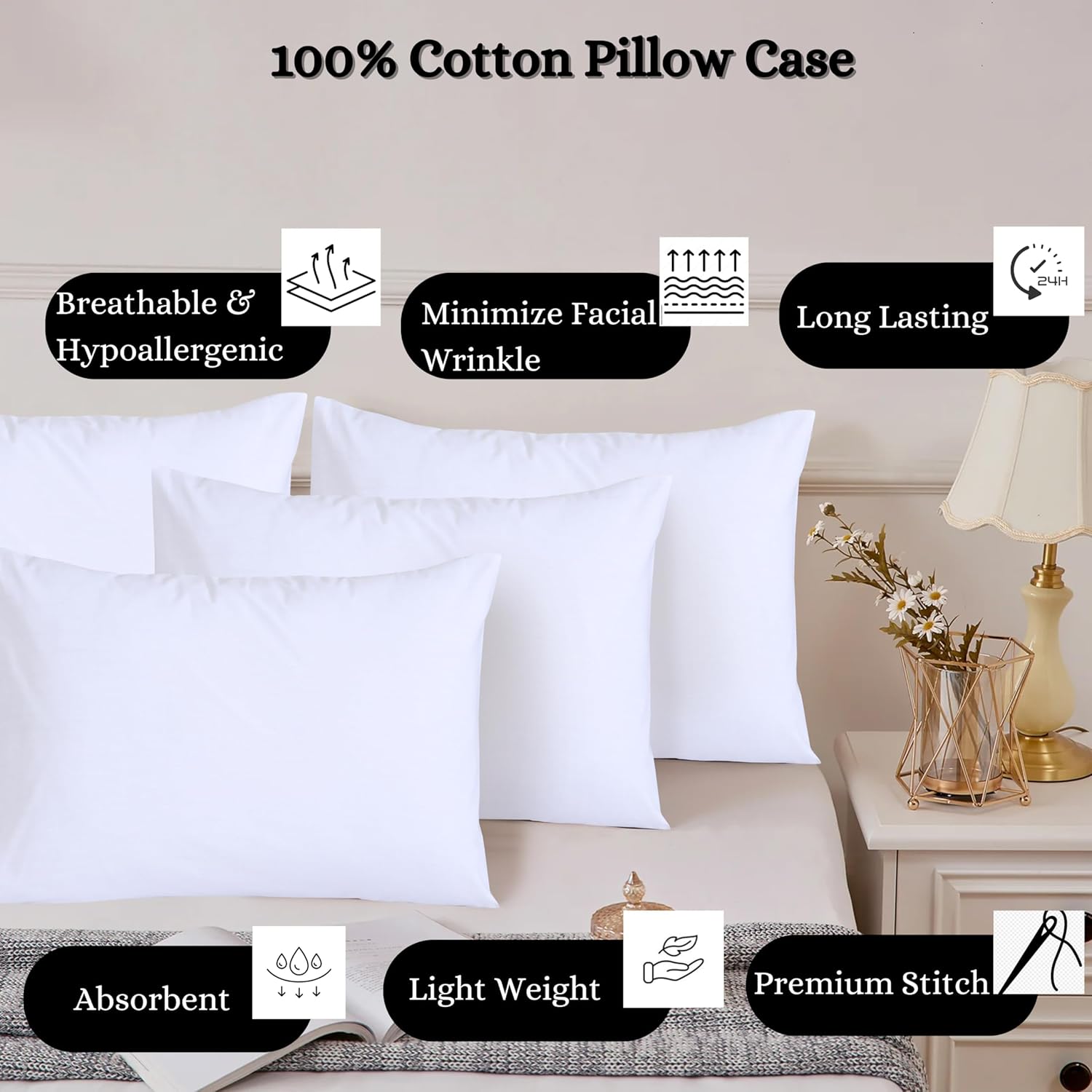 Funky Gadgets Pillow Cases 4 Pack White 200 Thread Count 100% Egyptian Cotton Pillowcases, Soft Breathable & Hypoallergenic Envelope Closure Pillow Covers