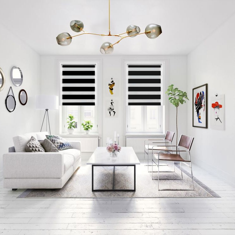Funky Gadgets Black Day Night Blinds Double Layer Sheer Fabric blinds Windows Curtains For Bedroom Easy Fit Drilling & No Drilling Opaque Shades Zebra Roller Blinds