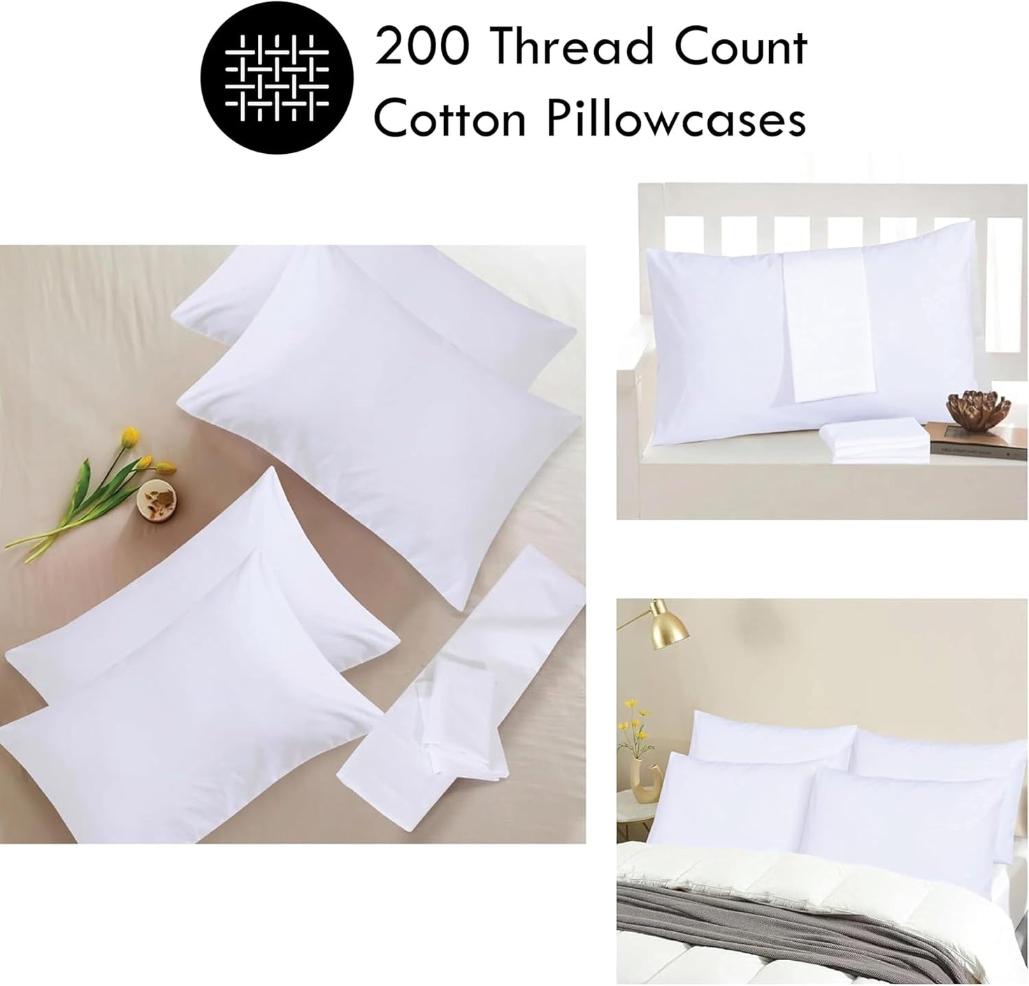 Funky Gadgets Pillow Cases 4 Pack White 200 Thread Count 100% Egyptian Cotton Pillowcases, Soft Breathable & Hypoallergenic Envelope Closure Pillow Covers