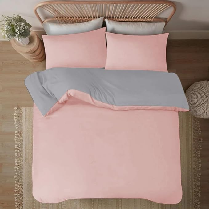 Soft Brushed Microfiber Plain Dyed Duvet Cover Sets with Pillow Cases- Reversible Bedding Quilt Cover Set (Blush Pink & Grey)
