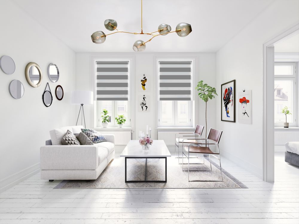 Funky Gadgets Grey Day Night Blinds Double Layer Sheer Fabric blinds Windows Curtains For Bedroom Easy Fit Drilling & No Drilling Opaque Shades Zebra Roller Blinds