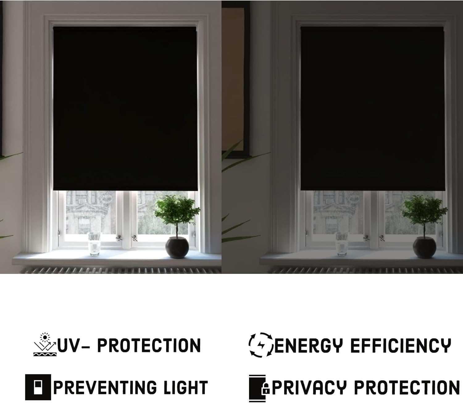 Funky Gadgets Roller Blinds Thermal Blackout Roller Blind, Easy Fit Child Safe Trimmable UV Protection Home Office Window Blinds, Black Blinds