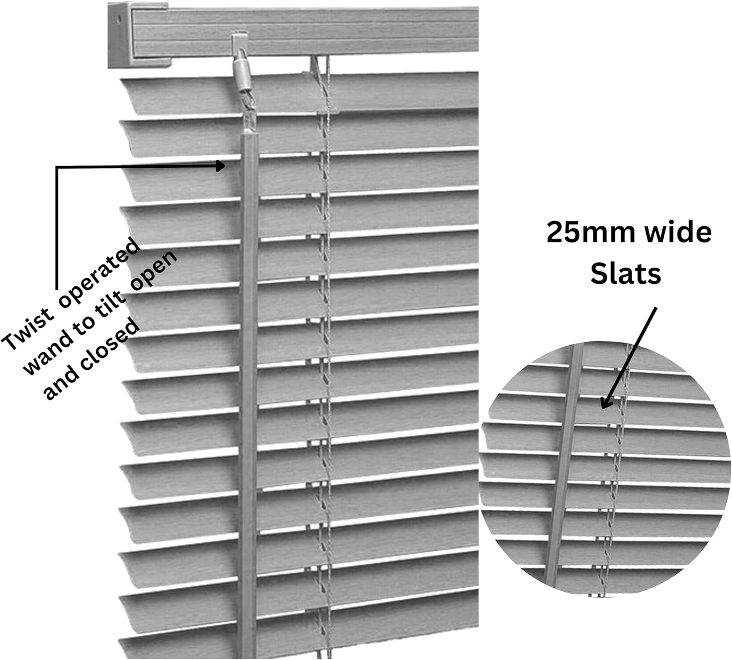 PVC Venetian Blind- Blinds Window 25mm Thin Slats Kitchen Windows Blinds Treatments Easy Fit Curtains Trimmable Fittings Home Office - Grey