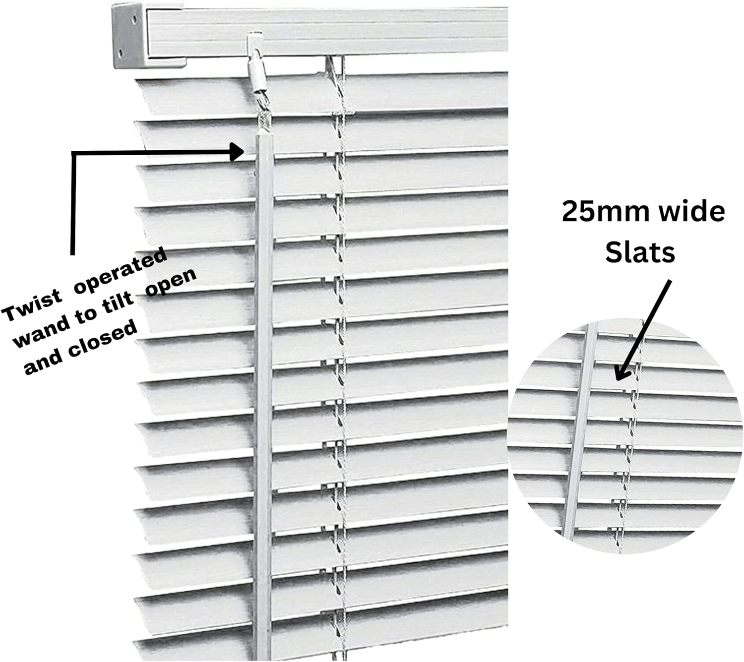 PVC Venetian Blind Blinds Window 25mm Thin Slats Kitchen Windows Blinds Treatments Easy Fit Curtains Trimmable Fittings Home Office - White