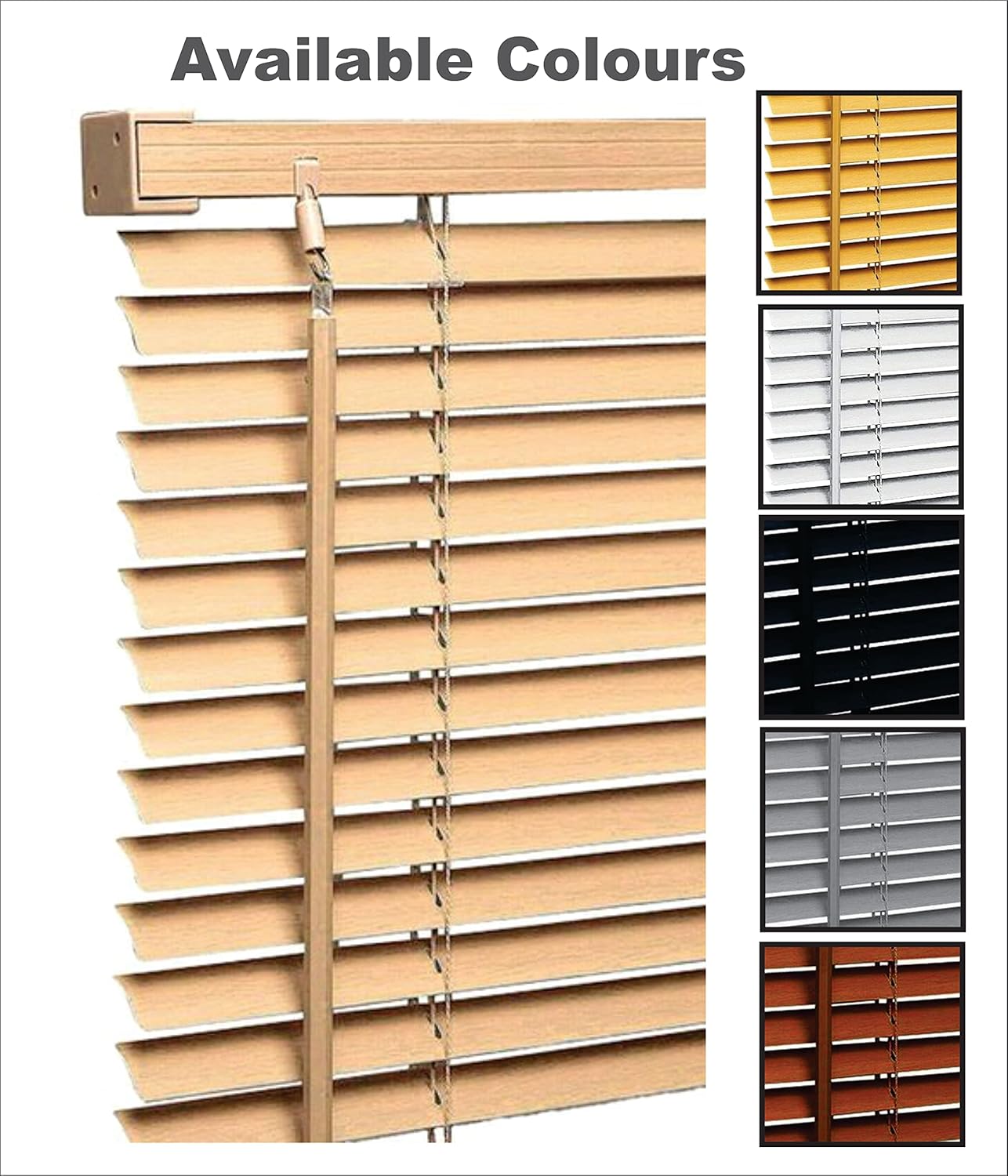 PVC wood grain effect blinds-Windows Blinds Treatments Easy Fit Curtains Trimmable Fittings Home Office - Natural
