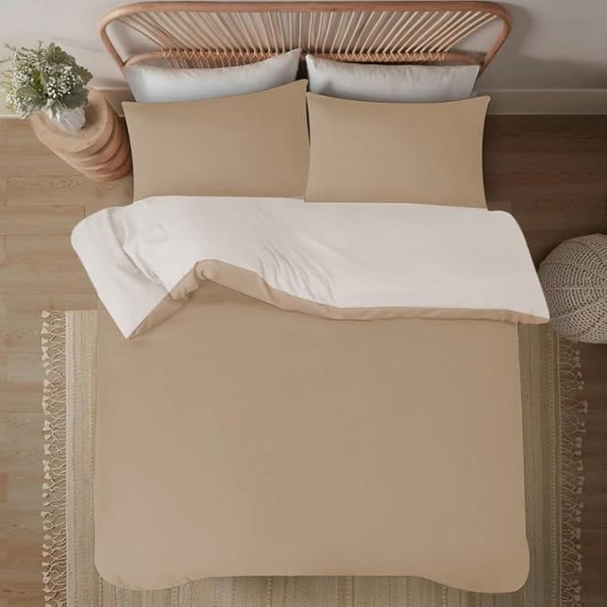 Soft Brushed Microfiber Plain Dyed Duvet Cover Sets with Pillow Cases- Reversible Bedding Quilt Cover Set (Mink & Cream)