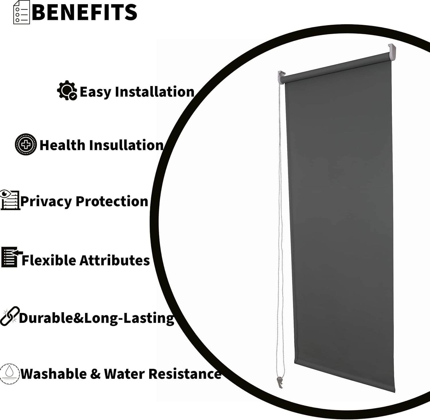 Funky Gadgets Blackout Roller Blinds Window Shades Easy Fit Thermal Roller Blind 3 Pass Black Out Fabric for Room Darkening Trimmable Child Safe Metal Tube Charcoal Grey