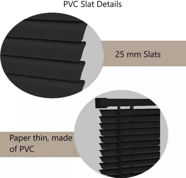 PVC Venetian Blind- Blinds Window 25mm Thin Slats Kitchen Windows Blinds Treatments Easy Fit Curtains Trimmable Fittings Home Office - Black