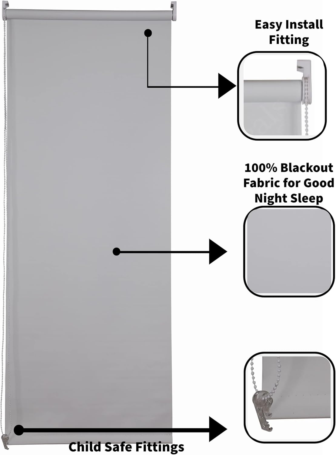 Funky Gadgets Roller Blinds Thermal Blackout Roller Blind, Easy Fit Child Safe Trimmable UV Protection Home Office Window Blinds, Grey Blind