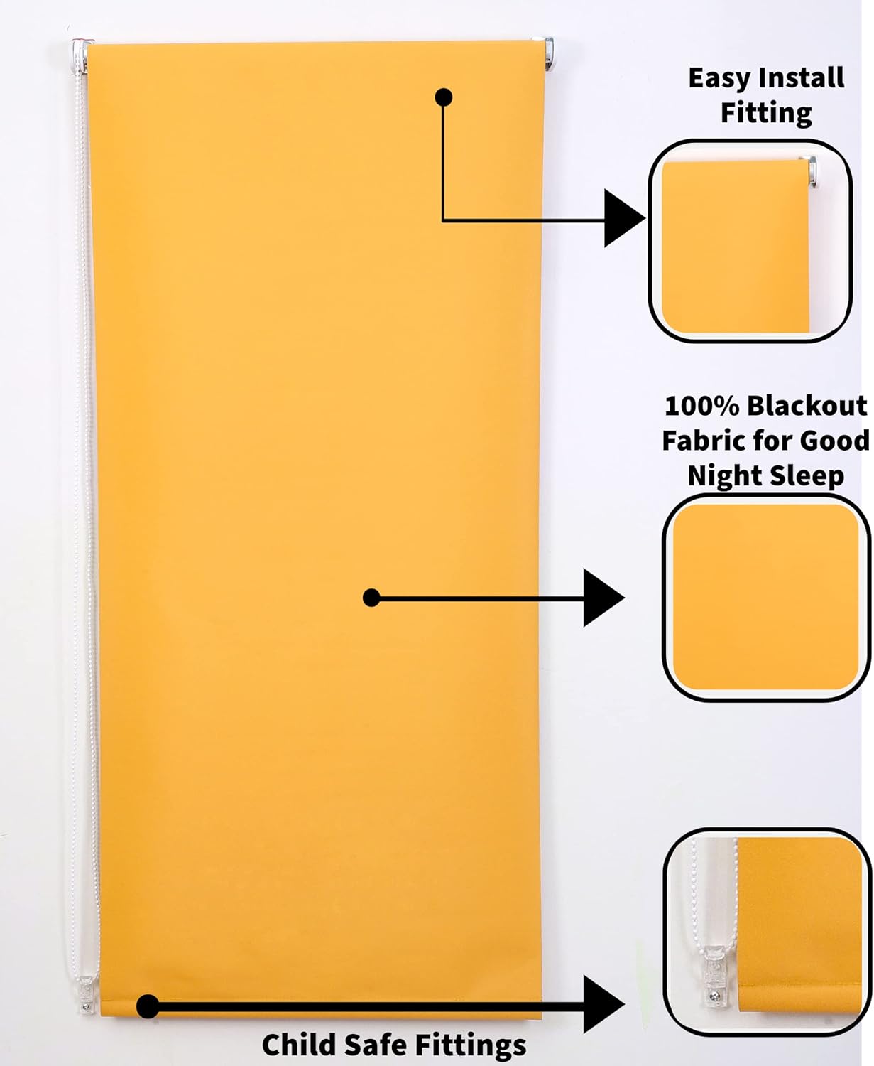 Funky Gadgets Roller Blinds Thermal Blackout Roller Blind, Easy Fit Child Safe Trimmable UV Protection Home Office Window Blinds, Ochre/Yellow Blind