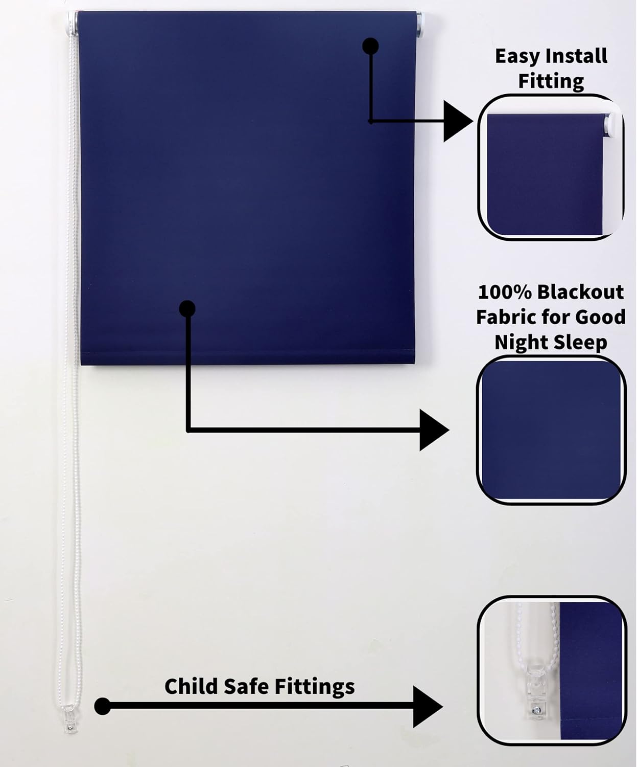 Funky Gadgets Roller Blinds Thermal Blackout Roller Blind, Easy Fit Child Safe Trimmable UV Protection Home Office Window Blinds, Navy Blind