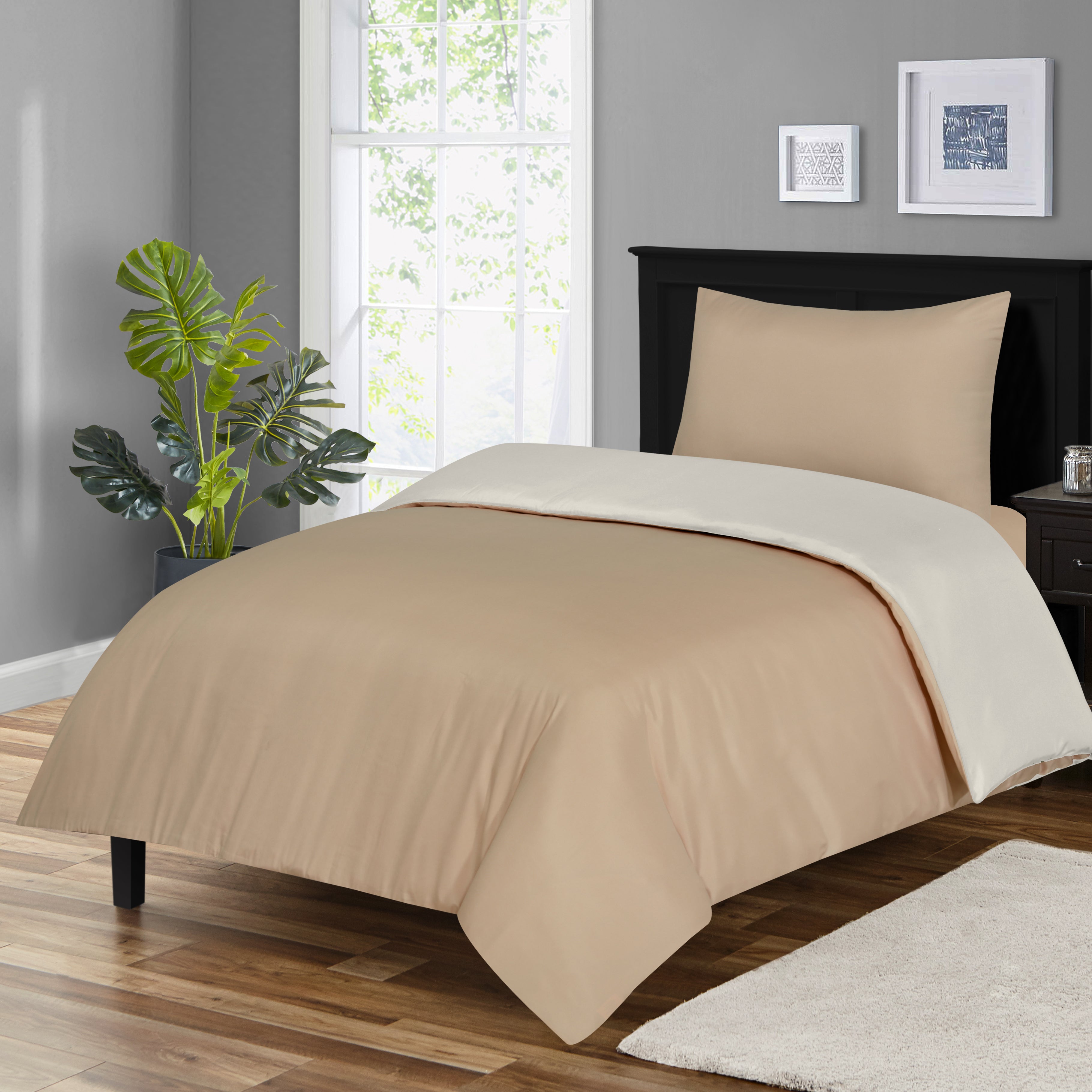 Soft Brushed Microfiber Plain Dyed Duvet Cover Sets with Pillow Cases- Reversible Bedding Quilt Cover Set (Mink & Cream)