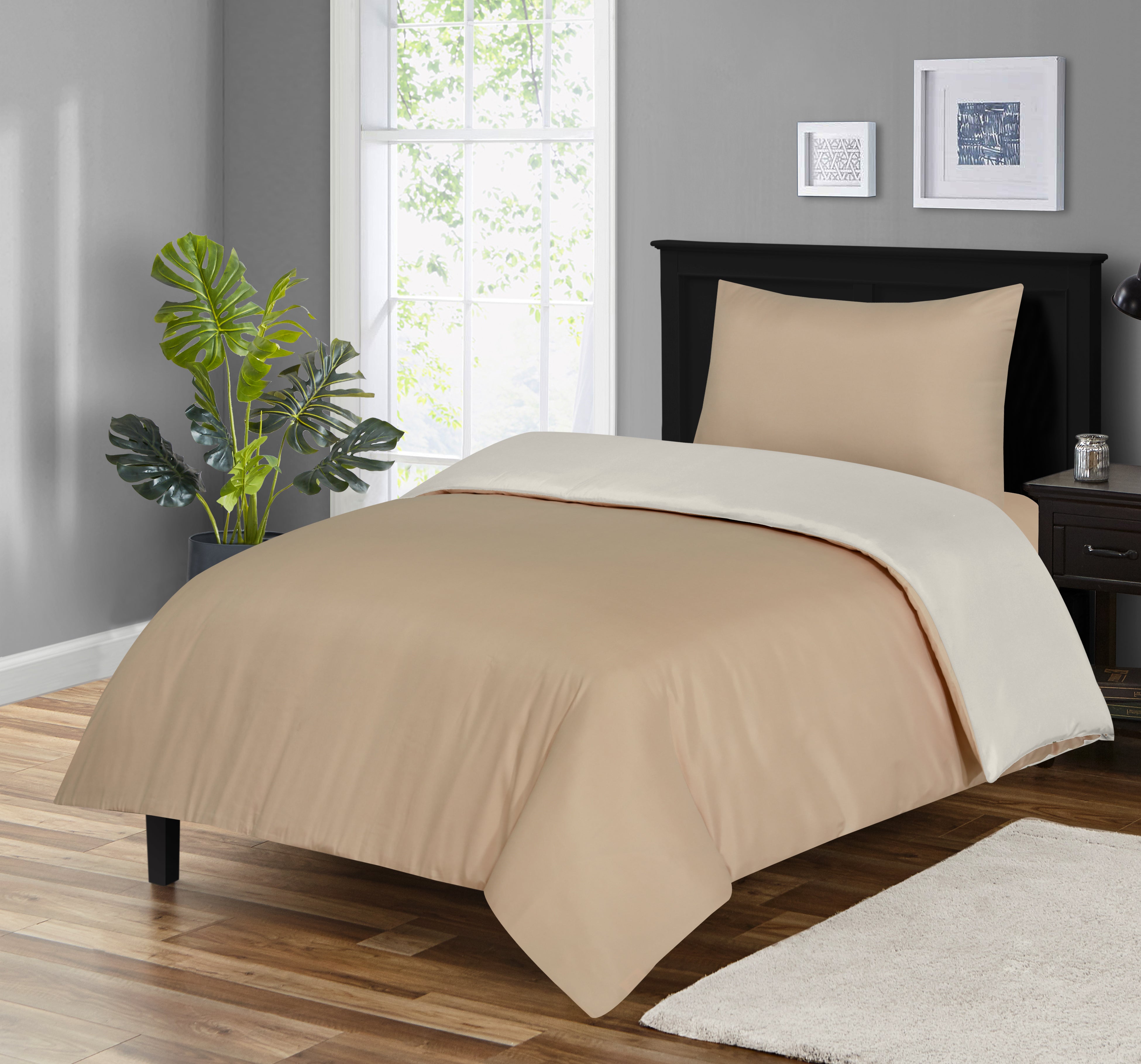 Soft Brushed Microfiber Plain Dyed Duvet Cover Sets with Pillow Cases- Reversible Bedding Quilt Cover Set (Mink & Cream)