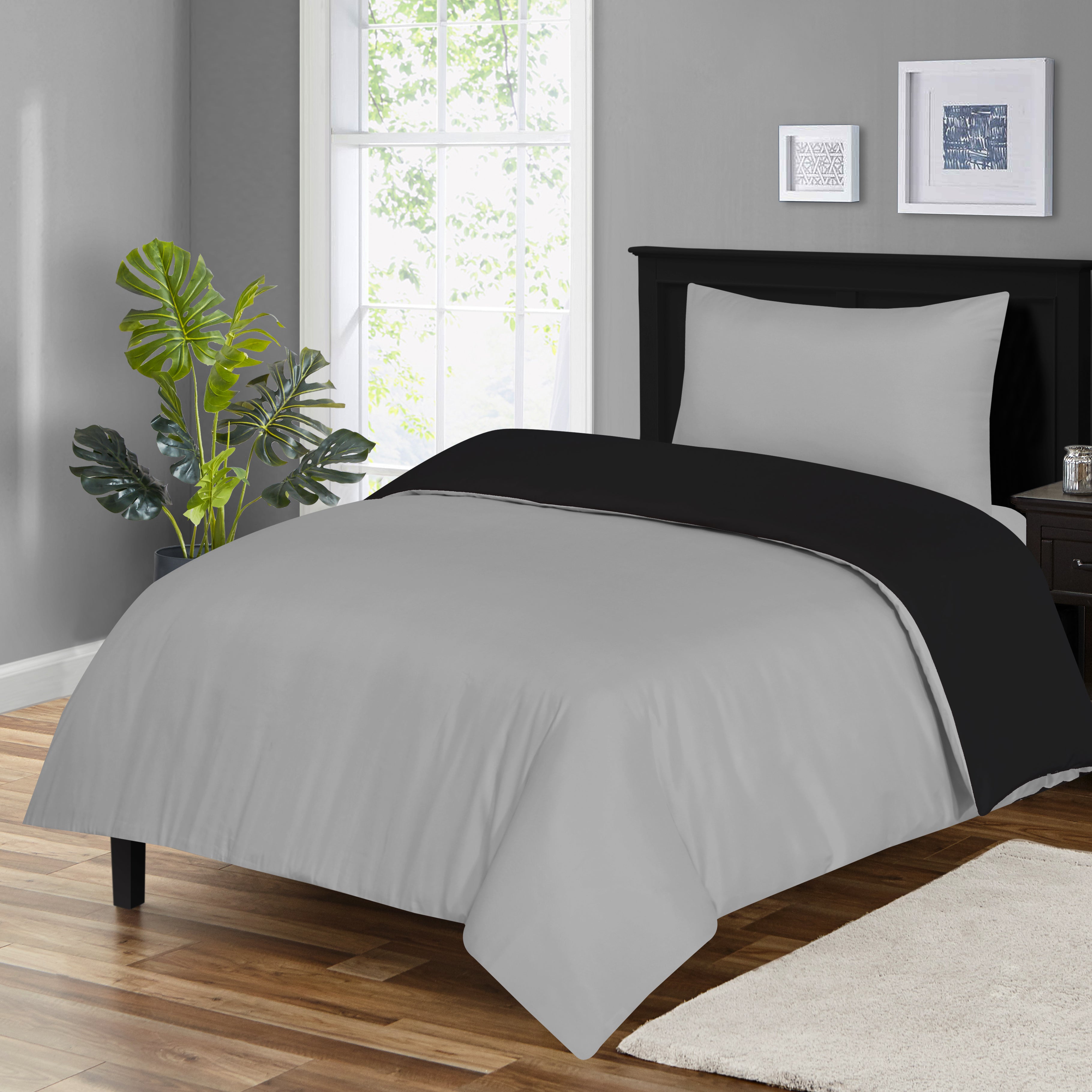 funky gadgets Double Duvet Set – Soft Brushed Microfiber Plain Dyed Duvet Cover Sets with Pillow Cases- Reversible Bedding Quilt Cover Set (Black & Grey)
