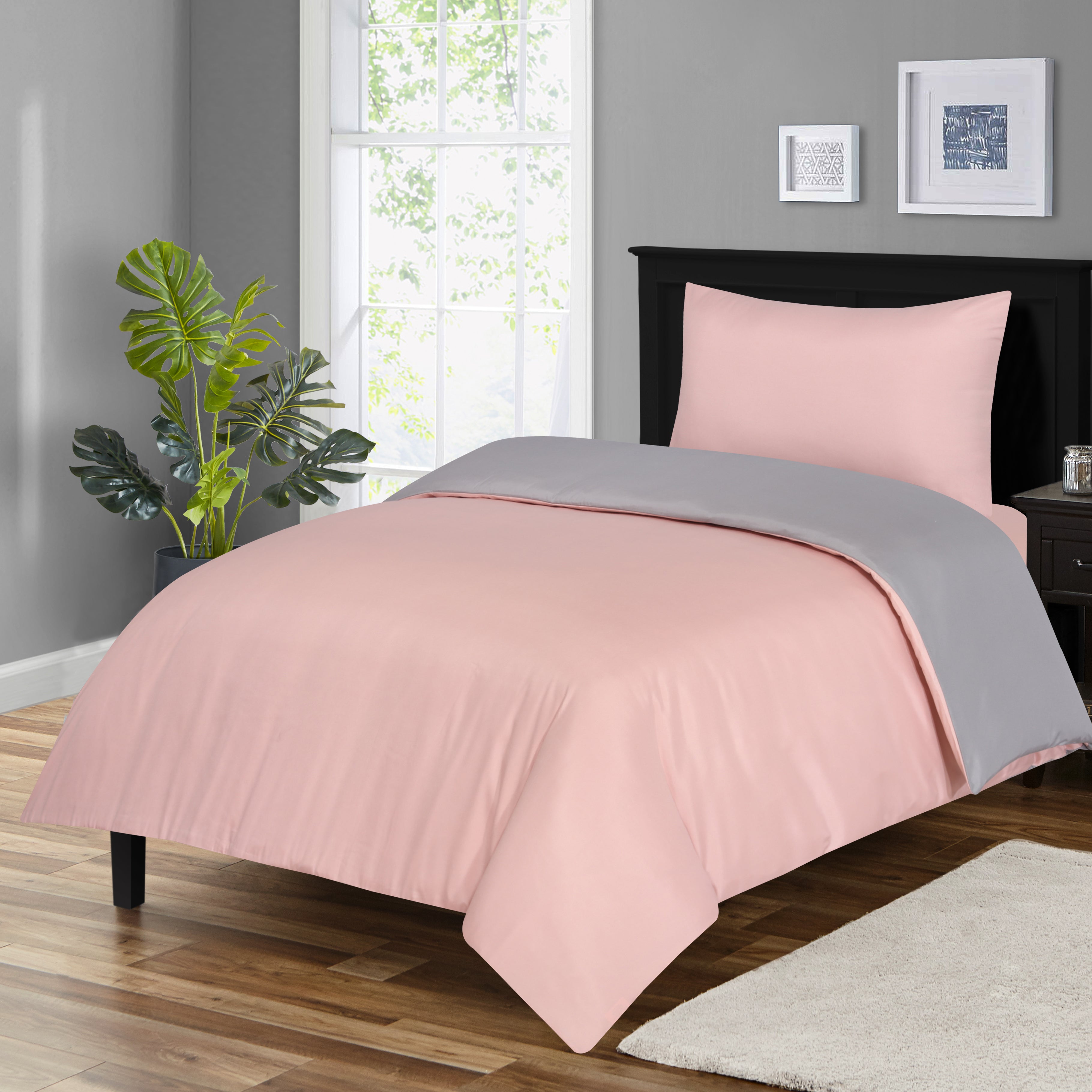 Soft Brushed Microfiber Plain Dyed Duvet Cover Sets with Pillow Cases- Reversible Bedding Quilt Cover Set (Blush Pink & Grey)