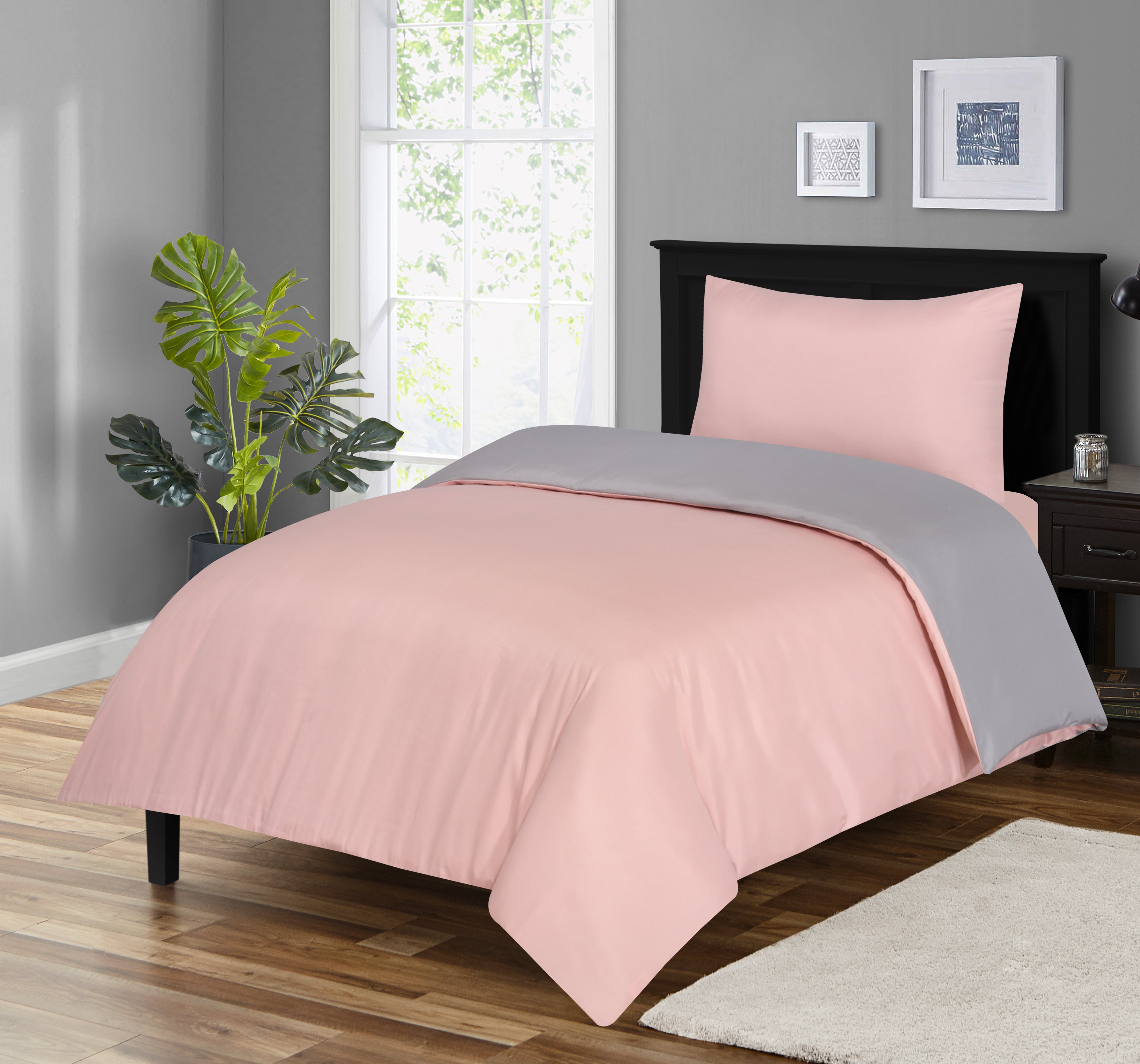 Soft Brushed Microfiber Plain Dyed Duvet Cover Sets with Pillow Cases- Reversible Bedding Quilt Cover Set (Blush Pink & Grey)