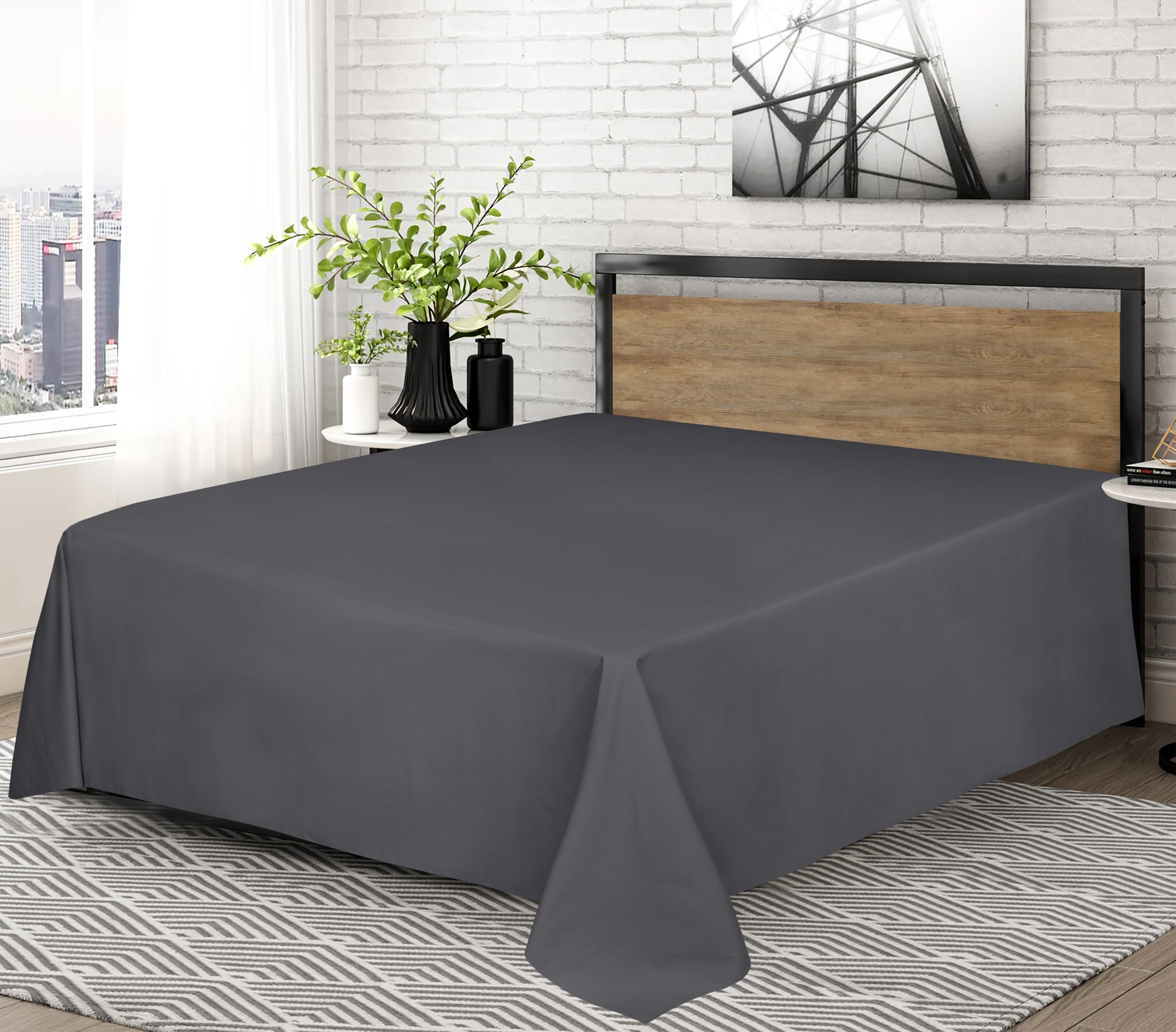 Funky Gadgets Flat Sheet 100% Egyptian Cotton Bed Sheet 300 Thread Count Luxury Hotel Quality Flat Sheets Plain Dyed Breathable Bed Sheets -Charcoal