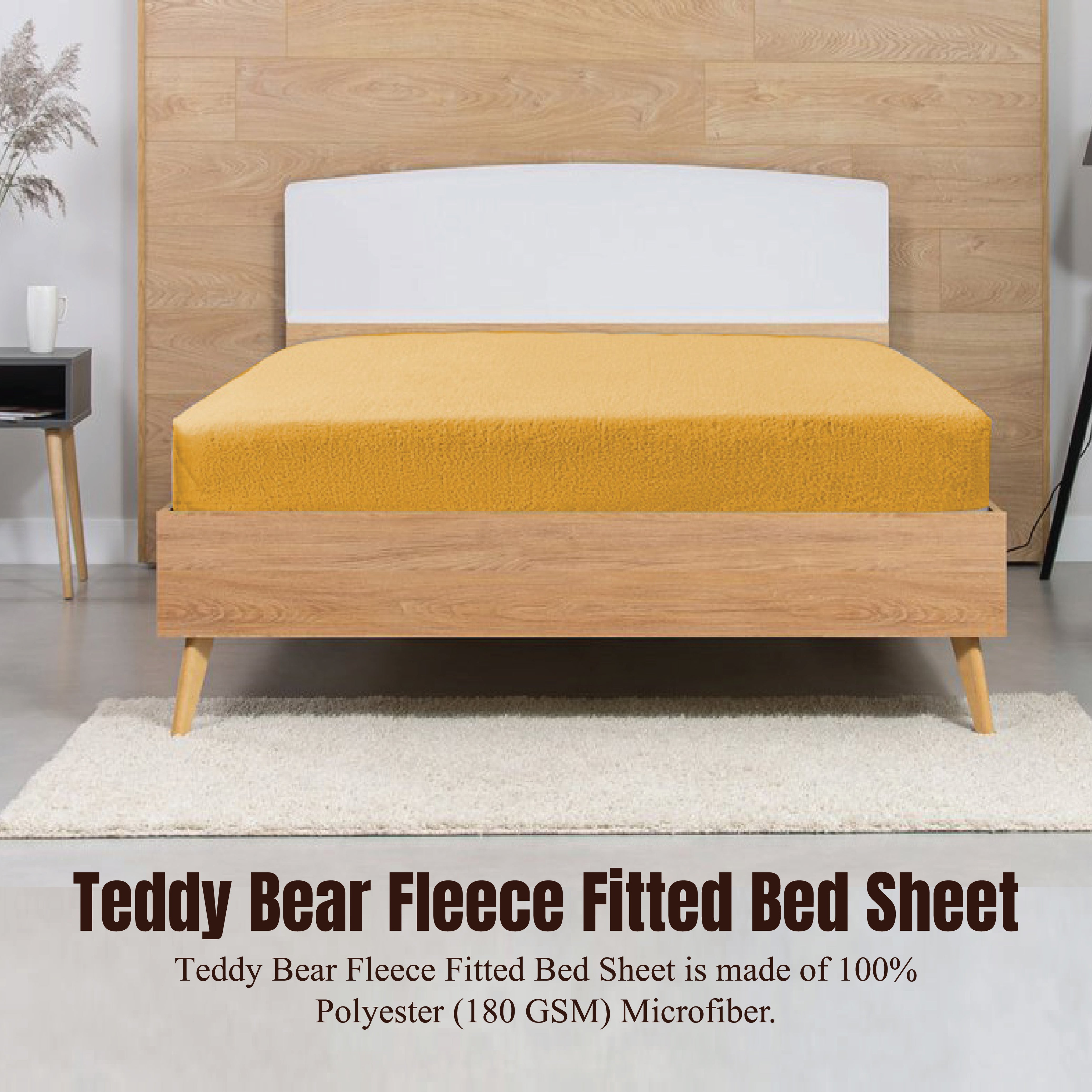 Funky Gadgets Teddy Fleece Fitted Bed Sheet - Ultra-Soft Thermal Bedding, Plain Fluffy Fleece Sheets, Luxury Teddy Bear Design, Ochre Yellow