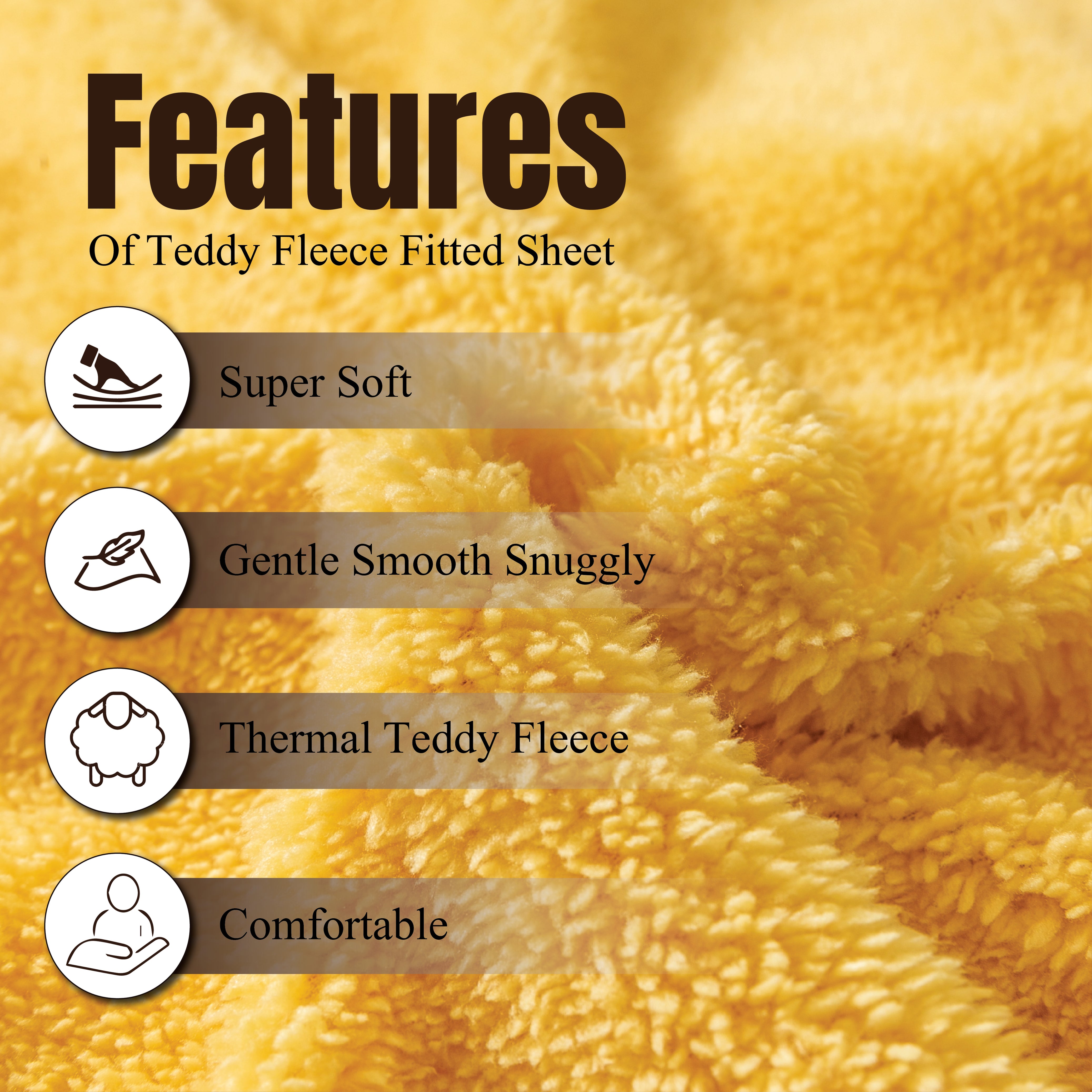 Funky Gadgets Teddy Fleece Fitted Bed Sheet - Ultra-Soft Thermal Bedding, Plain Fluffy Fleece Sheets, Luxury Teddy Bear Design, Ochre Yellow