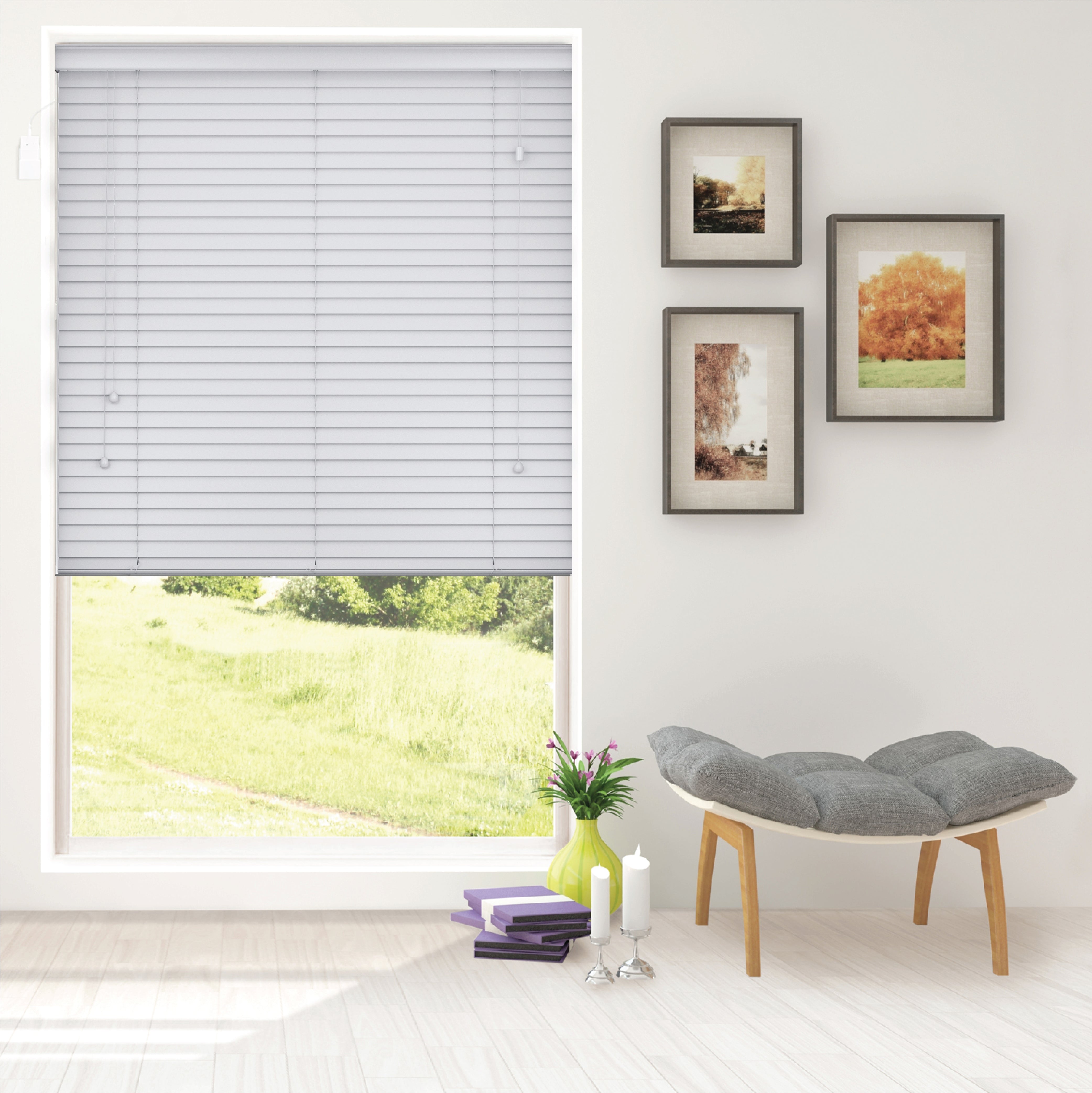 Funky Gadgets Smooth White Faux Wood Wooden Venetian Blinds with Strings 50mm Slats TRIMMABLE