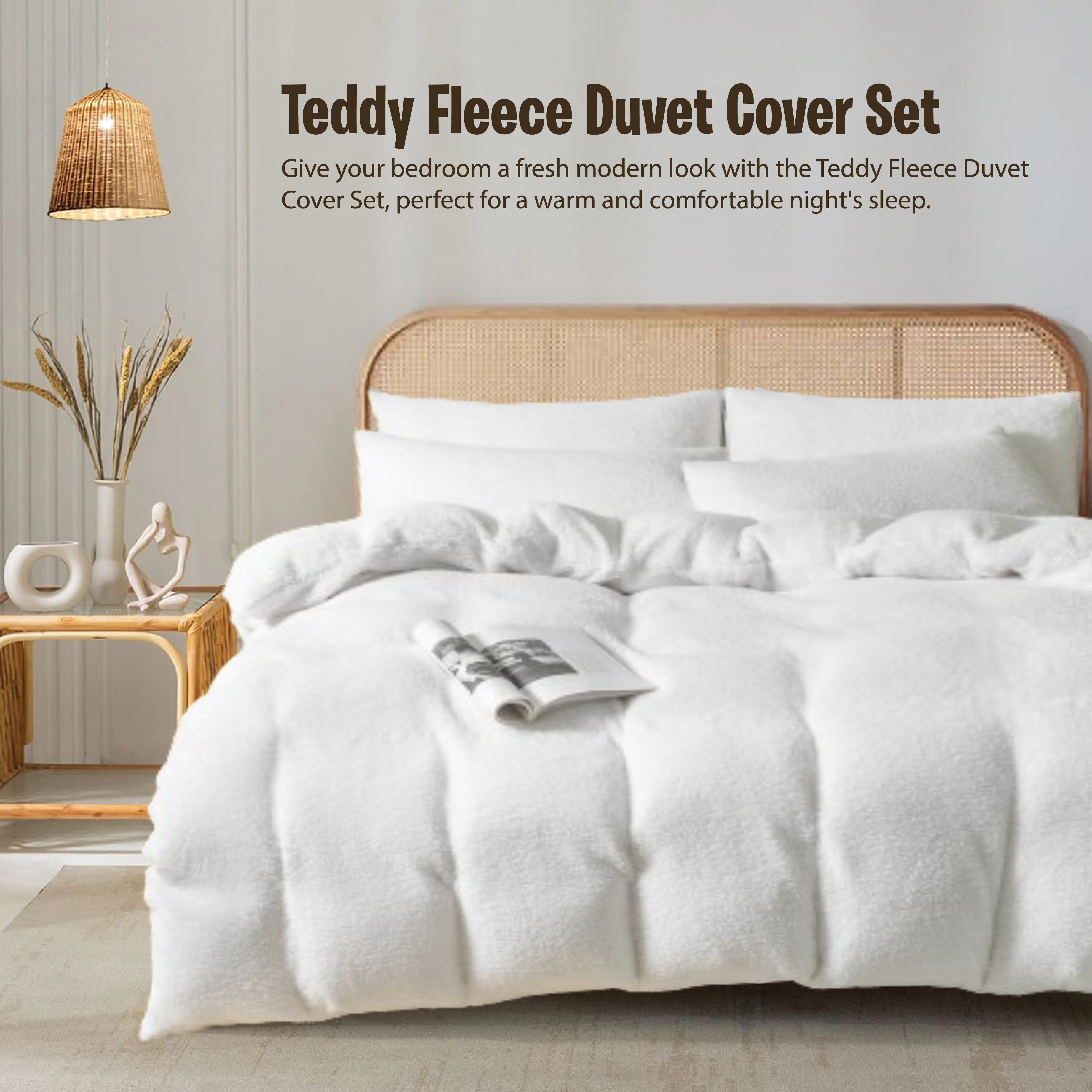 Funky Gadgets Teddy Fleece Duvet Cover Set | Warm Luxury Super Soft Thermal quilt cover with pillowcase | 100% Polyester Teddy Bear Bedding white