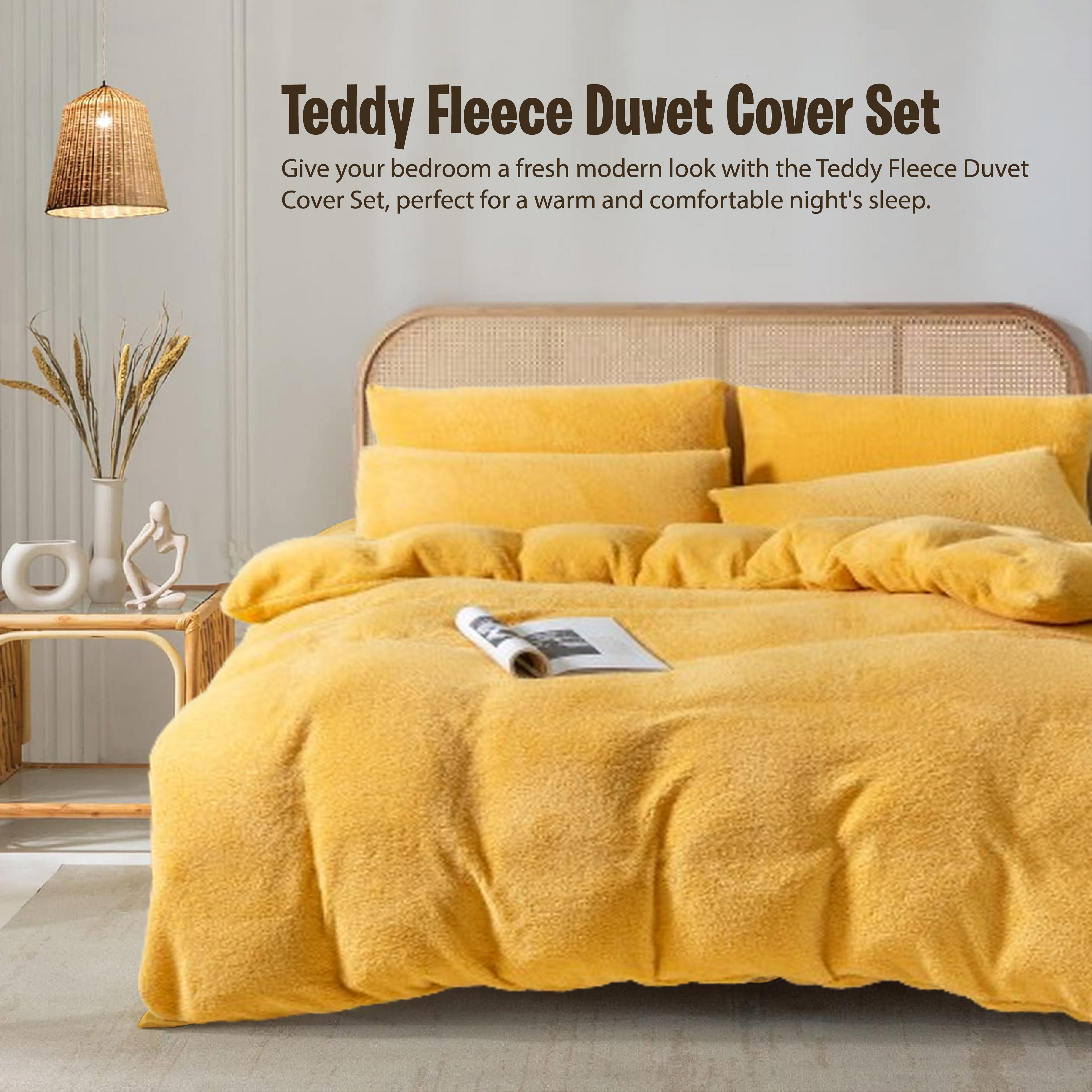 Funky Gadgets Teddy Fleece Duvet Cover Set | Warm Luxury Super Soft Thermal quilt cover with pillowcase | 100% Polyester Teddy Bear Bedding Ochre