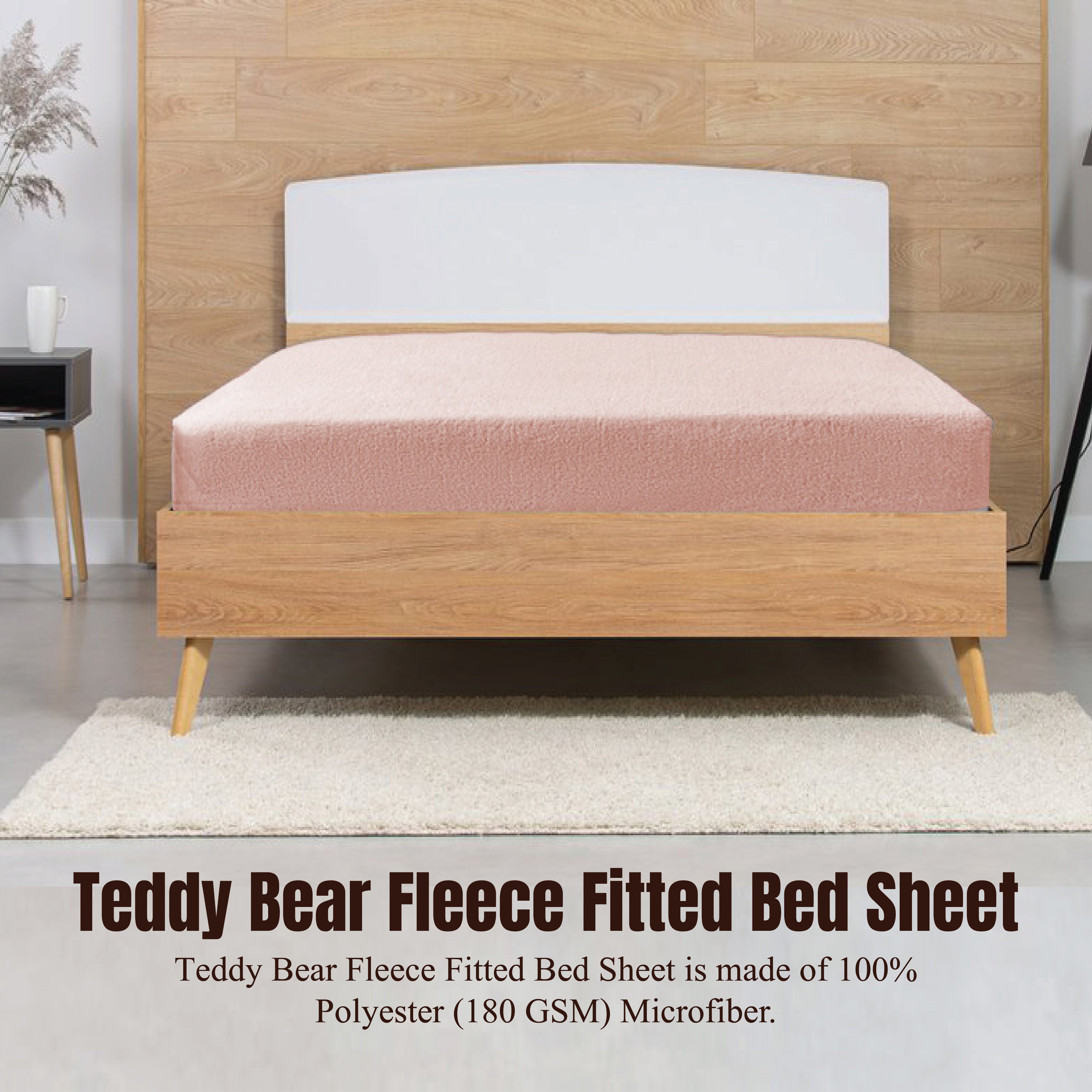 Funky Gadgets Teddy Fleece Fitted Bed Sheet - Ultra-Soft Thermal Bedding, Plain Fluffy Fleece Sheets, Luxury Teddy Bear Design, Blush Pink