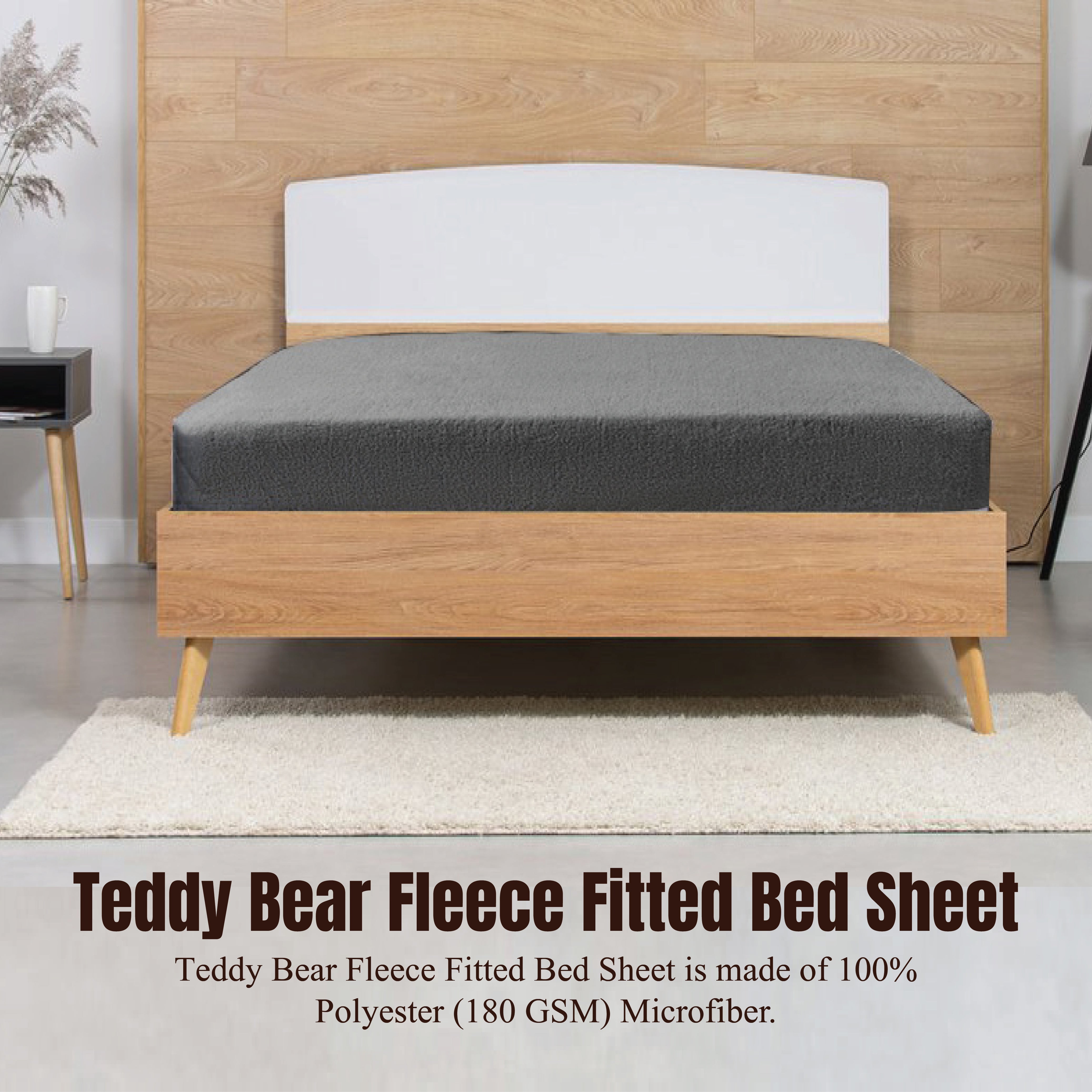 Funky Gadgets Teddy Fleece Fitted Bed Sheet - Ultra-Soft Thermal Bedding, Plain Fluffy Fleece Sheets, Luxury Teddy Bear Design, Charcoal