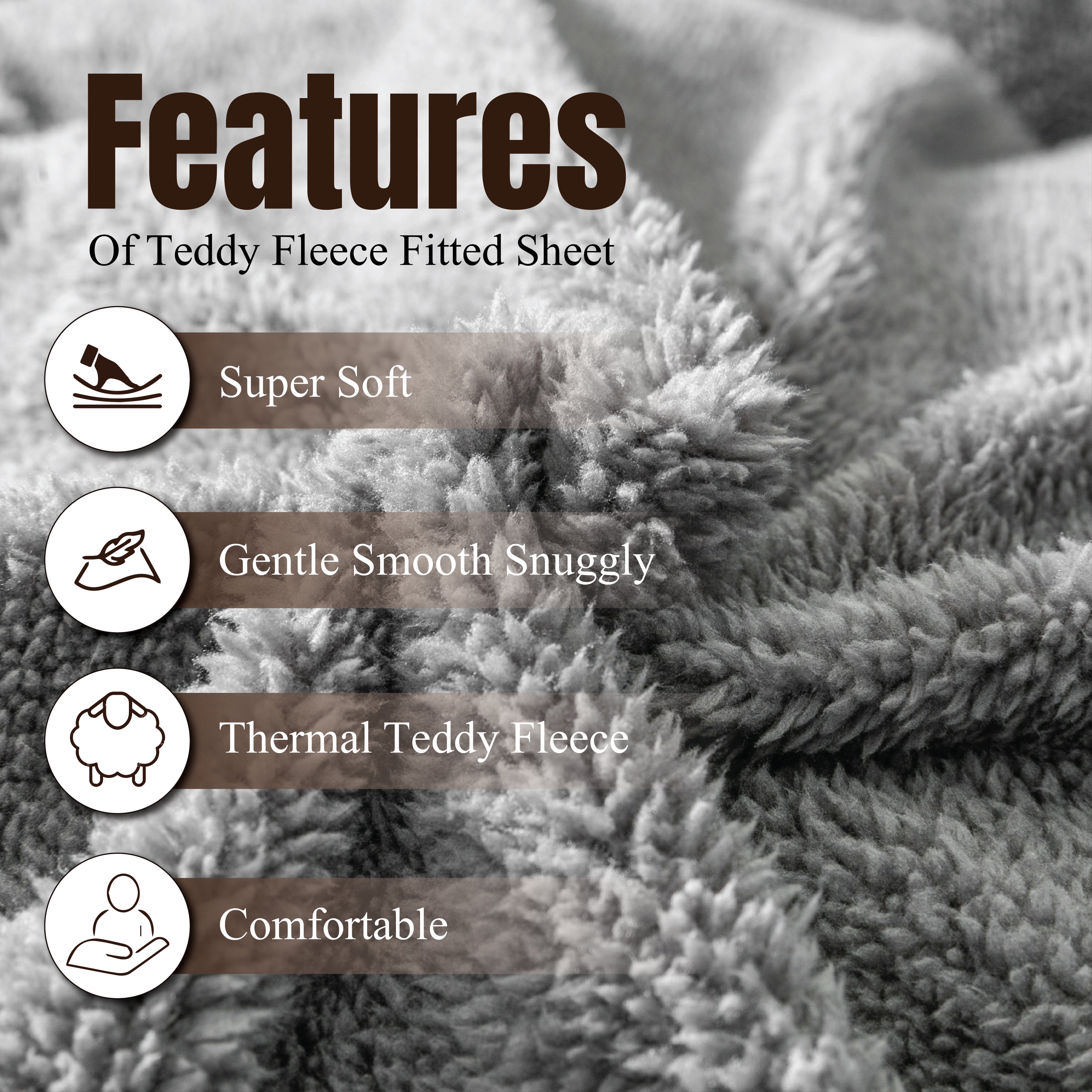 Funky Gadgets Teddy Fleece Fitted Bed Sheet - Ultra-Soft Thermal Bedding, Plain Fluffy Fleece Sheets, Luxury Teddy Bear Design, Charcoal