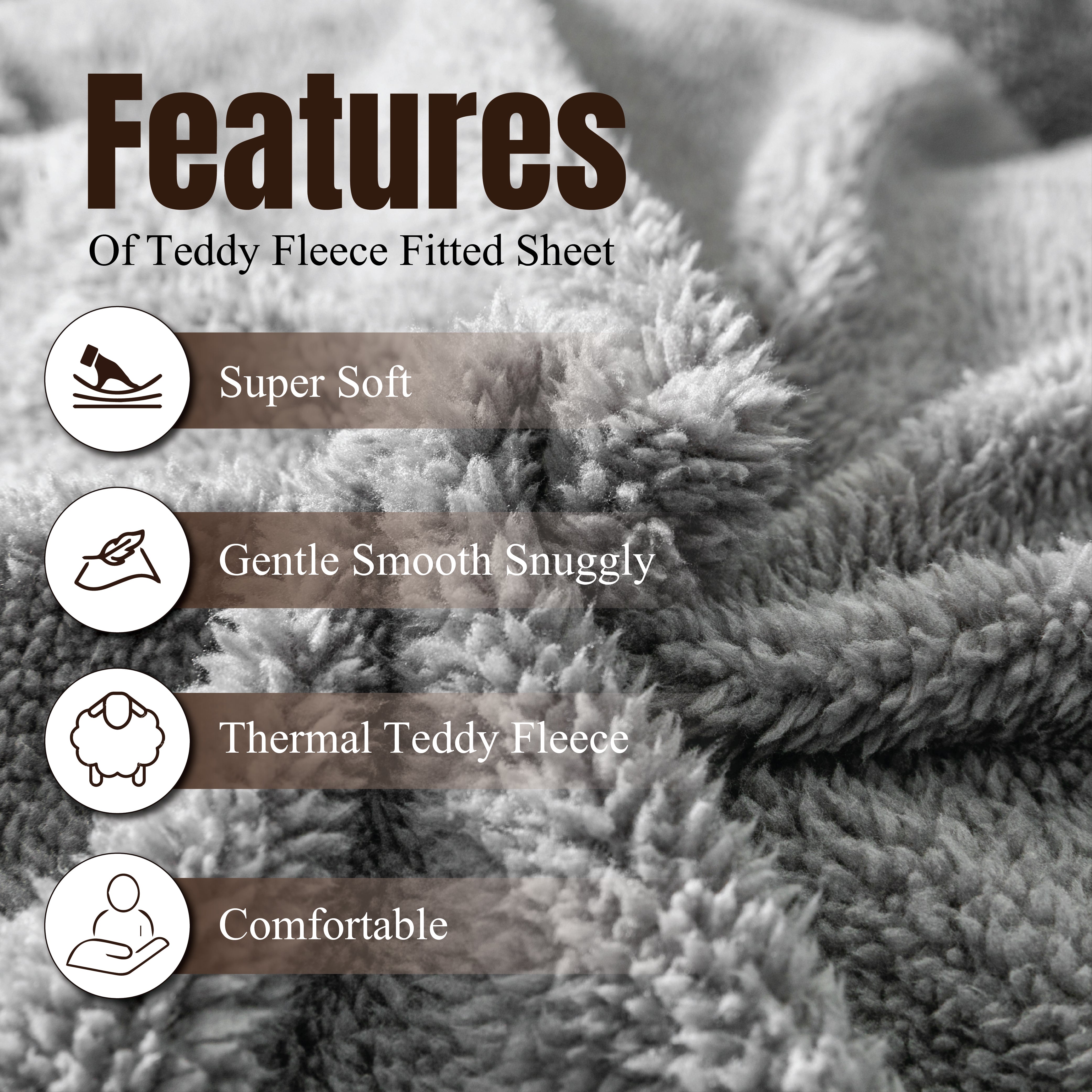 Funky Gadgets Teddy Fleece Fitted Bed Sheet - Ultra-Soft Thermal Bedding, Plain Fluffy Fleece Sheets, Luxury Teddy Bear Design, Charcoal