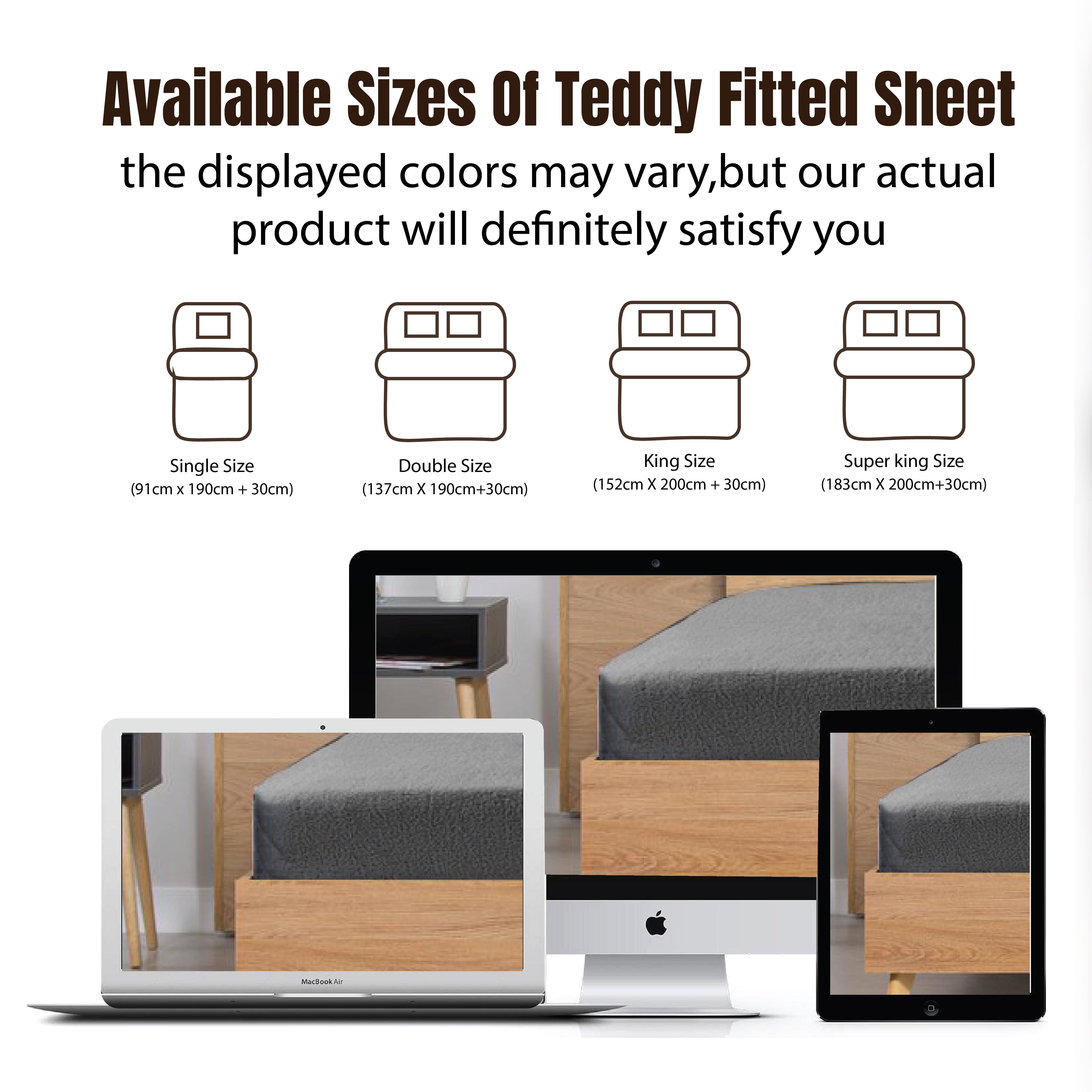 Funky Gadgets Teddy Fleece Fitted Bed Sheet - Ultra-Soft Thermal Bedding, Plain Fluffy Fleece Sheets, Luxury Teddy Bear Design, Charcoal