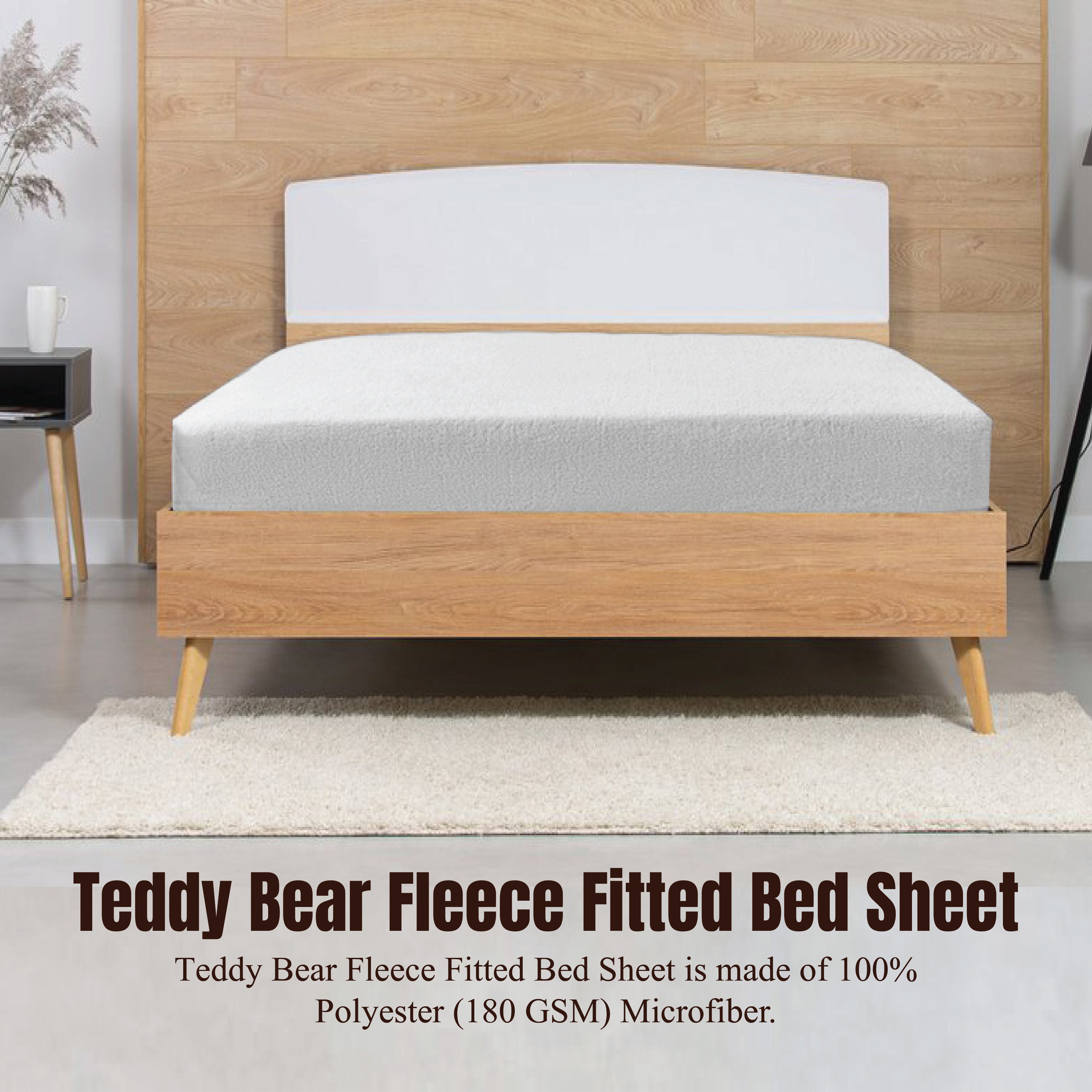 Funky Gadgets Teddy Fleece Fitted Bed Sheet - Ultra-Soft Thermal Bedding, Plain Fluffy Fleece Sheets, Luxury Teddy Bear Design, White